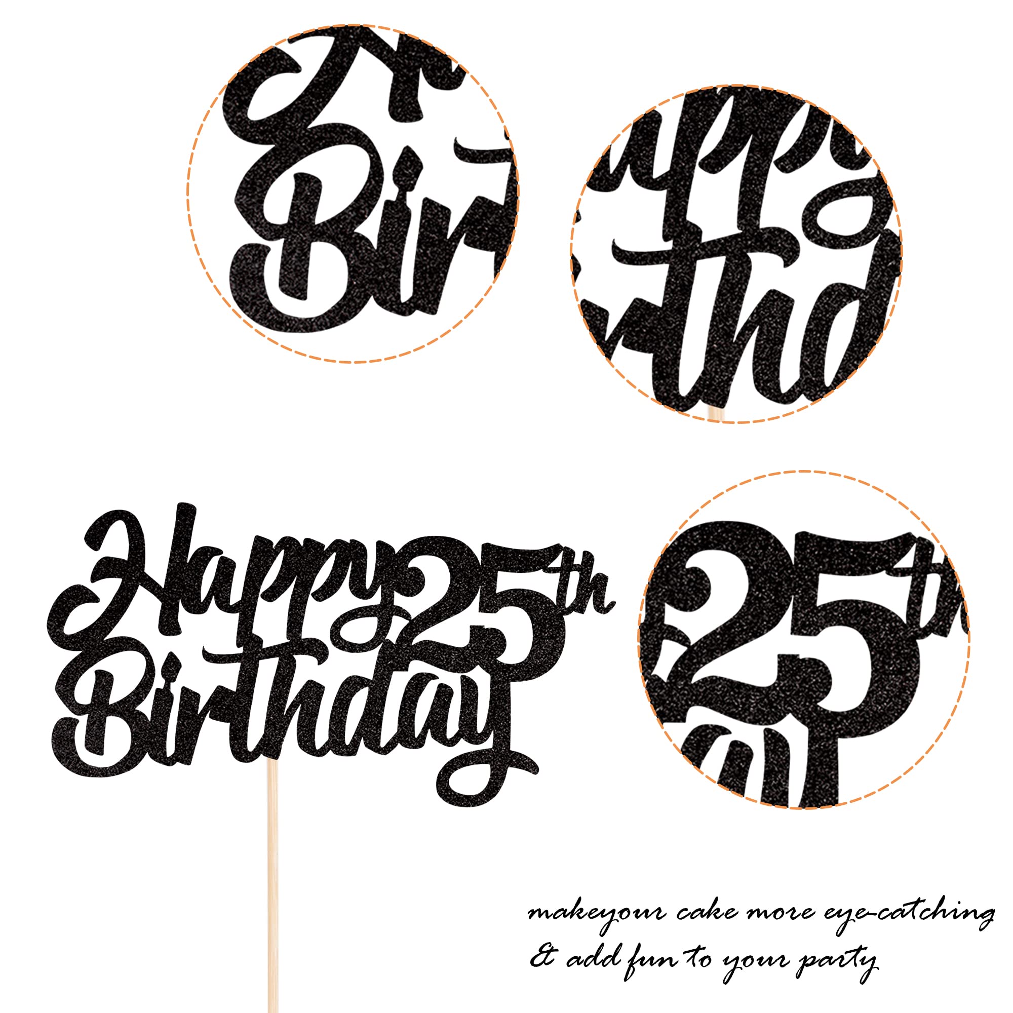 25th Birthday Cake Topper Set - Glitter 'Cheers to 25 Years' Cake Picks - 18-Piece Black Cake Decorations for 25th Birthday Party Supplies | Perfect for Milestone Celebrations & Themed Parties
