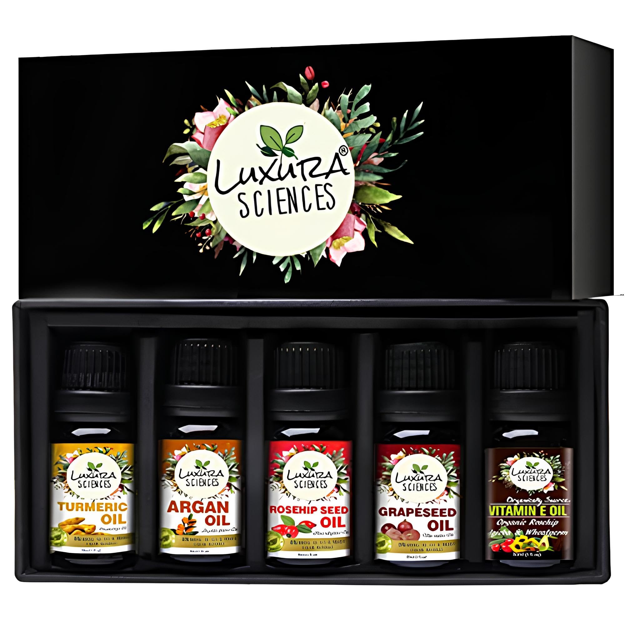 Luxura Sciences Organic Essential Oil Set - 5x15ml Anti-Aging Kit with Lavender, Lemon, Ylang Ylang, Avocado & Vitamin E Oil | Pure Aromatherapy Oils for Skin Care, Massage & Relaxation