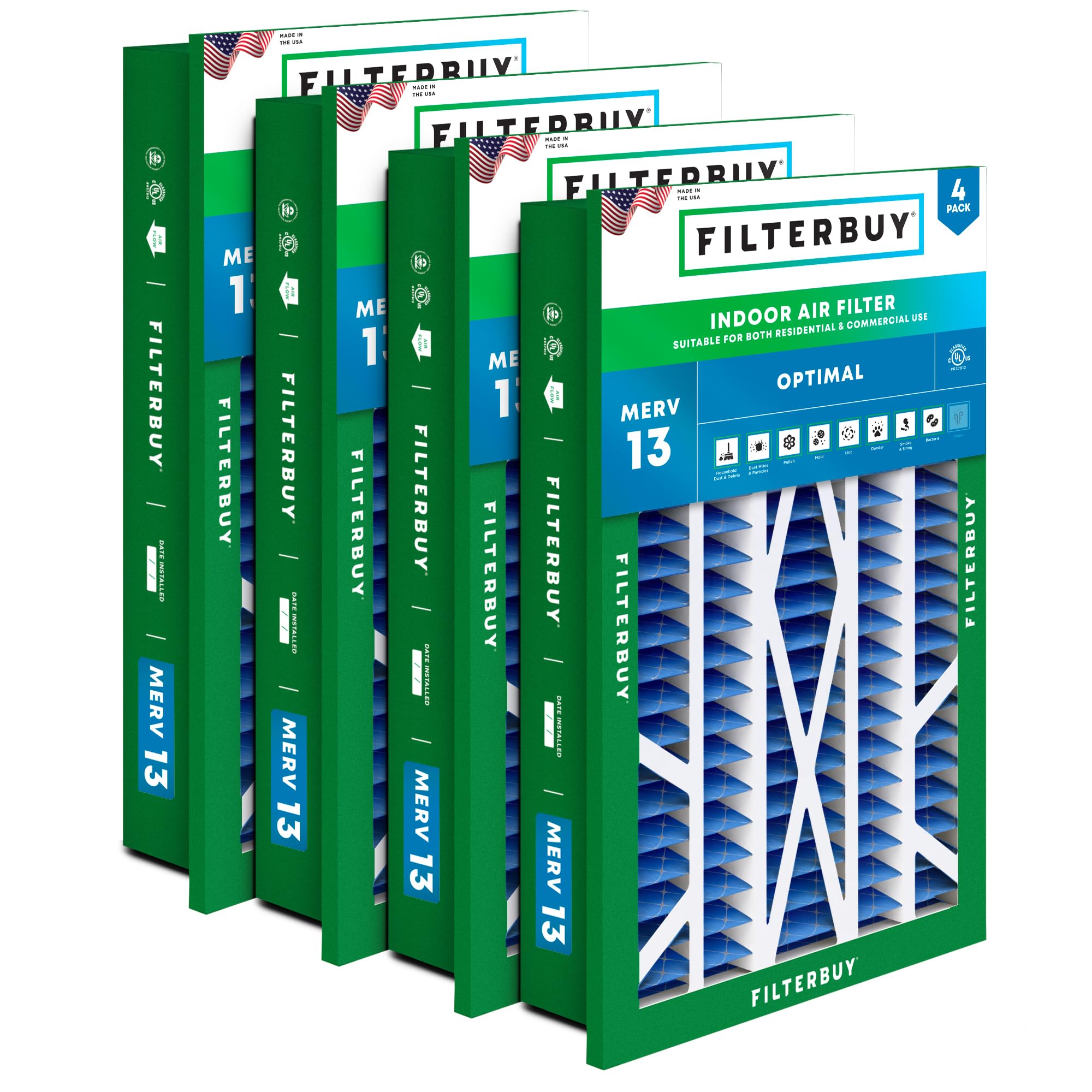 Filterbuy 16x25x5 MERV 13 Pleated Air Filter (4-Pack) - High Efficiency HVAC Furnace & AC Replacement Filters, Fits Honeywell Return Grille (Actual Size 14.38x23.38x3.69