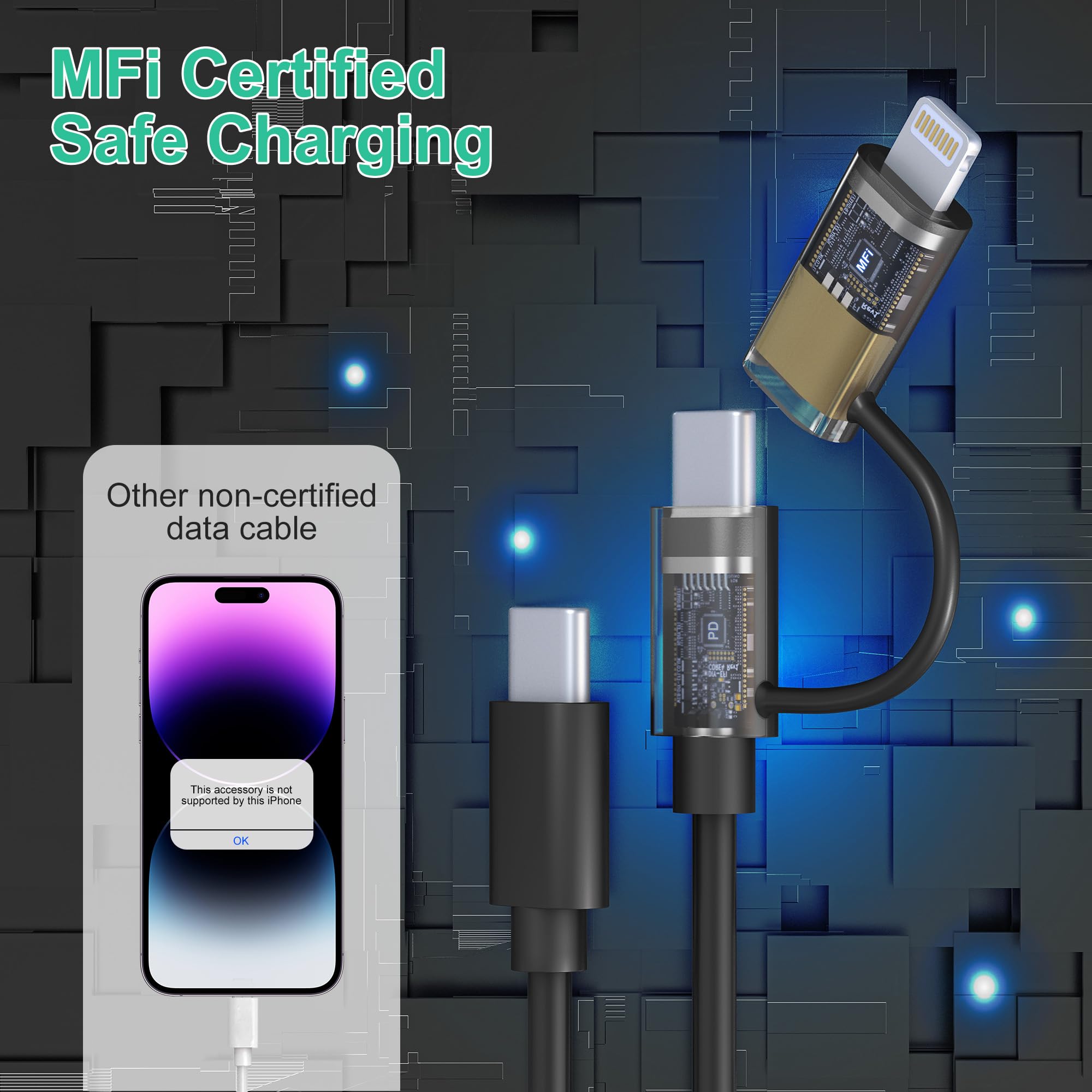 2-in-1 USB C to Lightning & USB C Cable - 60W Fast Charging & Data Sync - Compatible with iPhone, Android, iPad, Laptop - Coil Design for Car Play & Android Auto (Black) - Perfect for Travel, Office & Car Charging