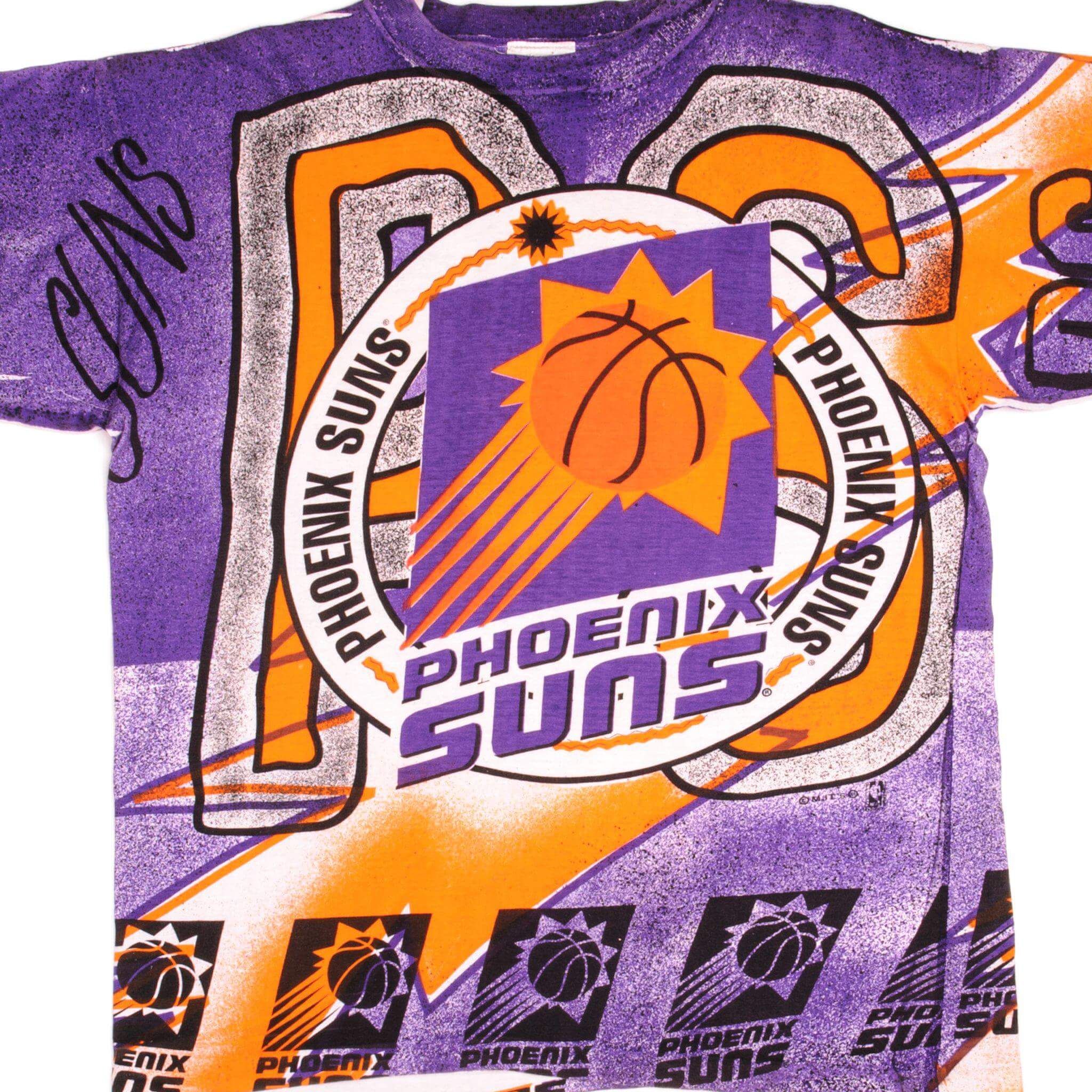 Vintage NBA Phoenix Suns All Over Print Tee Shirt - Size Large - 90s Retro Basketball Fan Gear for Men - Perfect for Game Day, Casual Wear & Collectors