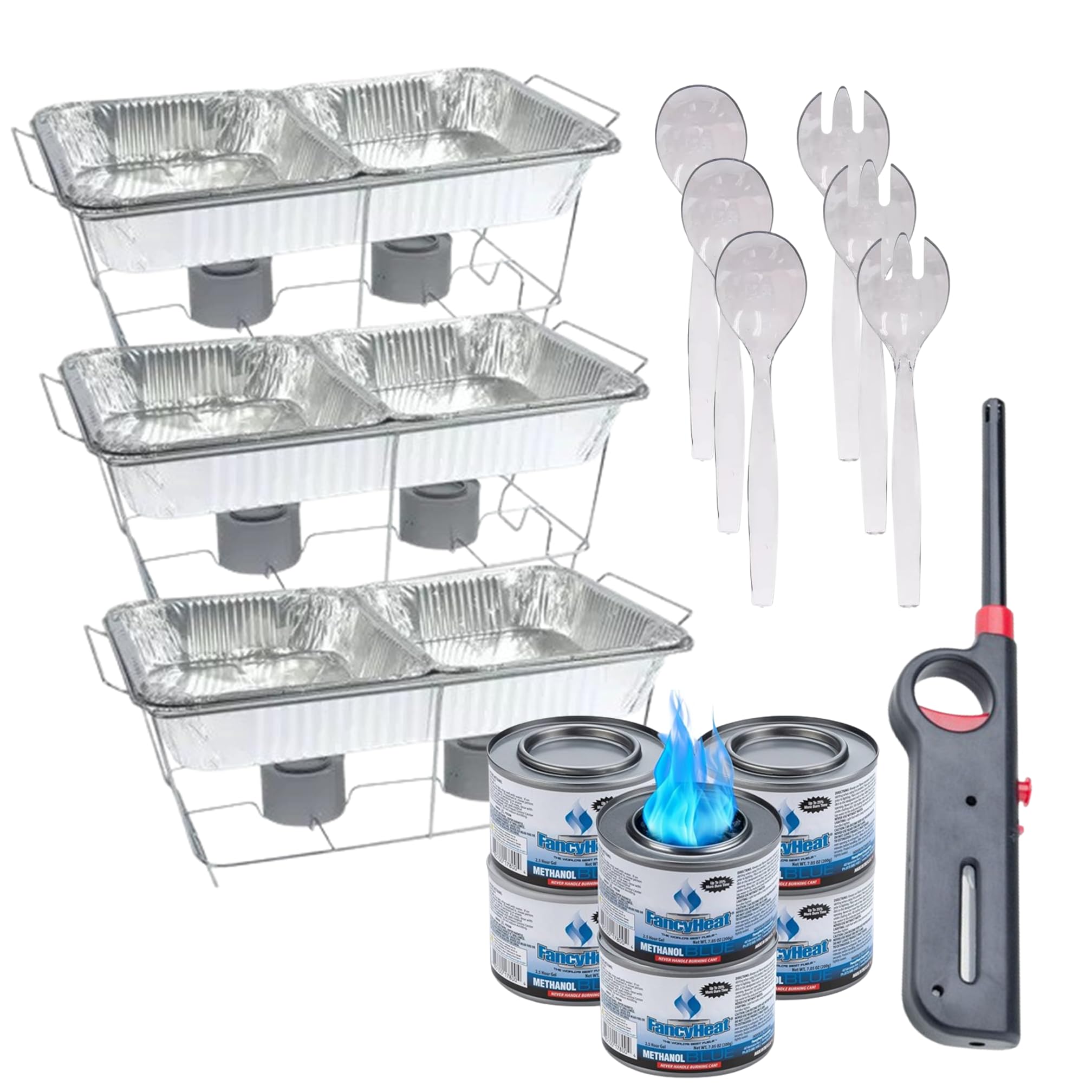 24-Piece Disposable Party Serving Kit with Chafing Dishes & Utensils - Perfect for Weddings, Catering & Events | Includes Free Handy Lighter for Easy Use at BBQs, Buffets & Outdoor Gatherings