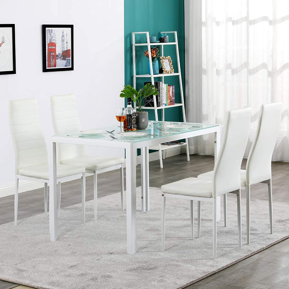 Modern 5-Piece White Rectangular Dining Table Set with Tempered Glass Top & 4 Padded Leather Chairs - Sturdy Metal Frame for Breakfast Nook, Kitchen, Dining Room - Perfect for Small Spaces & Family Gatherings