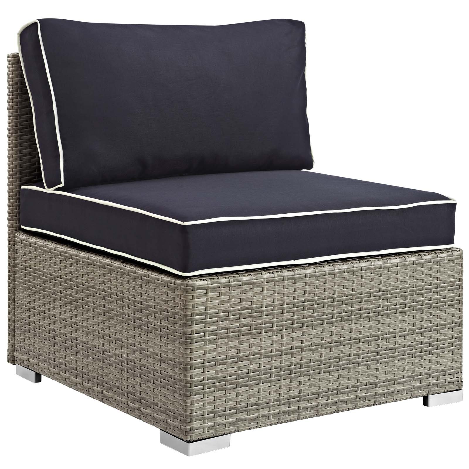 Modway Repose Wicker Rattan Outdoor Patio Armless Sectional Sofa Chair with Sunbrella® Fabric Cushions - Light Gray Navy - Perfect for Poolside, Garden & Backyard Relaxation