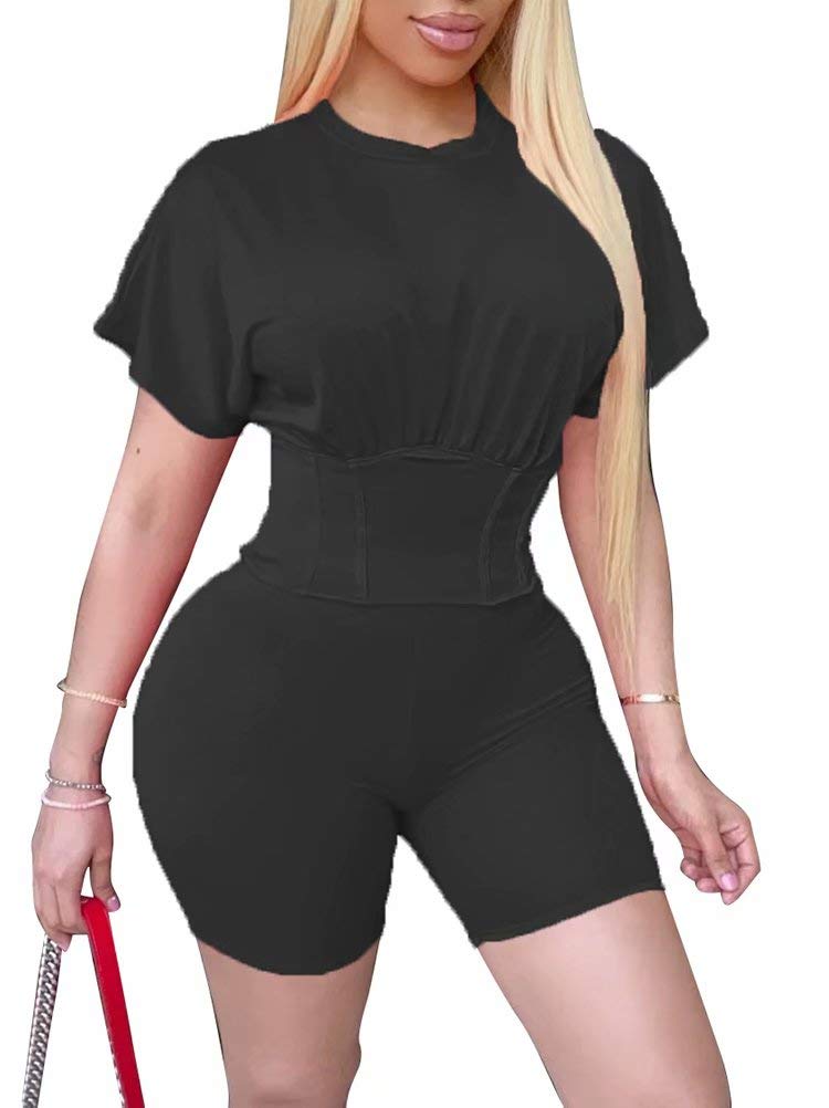Elosele Women's Sexy 2-Piece Outfit - Short Sleeve Corset Top & Bodycon Shorts Set | Tracksuit Jumpsuit for Summer, Club, Date Night & Casual Wear