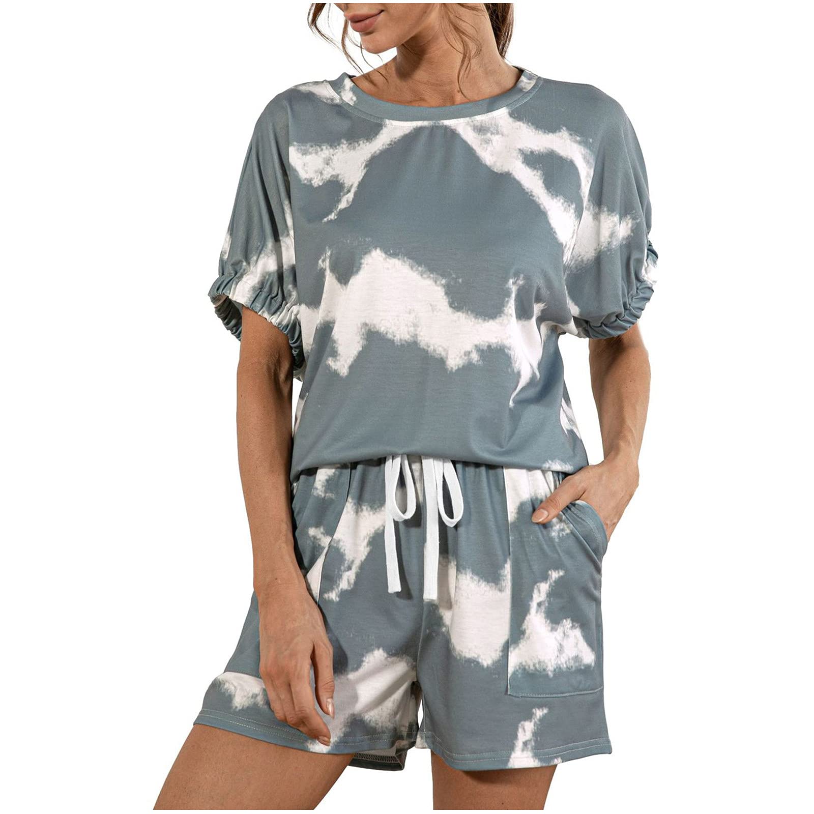 Women's Summer Lounge Sets - Casual Crewneck Print Short Sleeve Top & Drawstring Shorts 2-Piece Outfit | Comfortable Tracksuits for Home, Travel & Relaxation