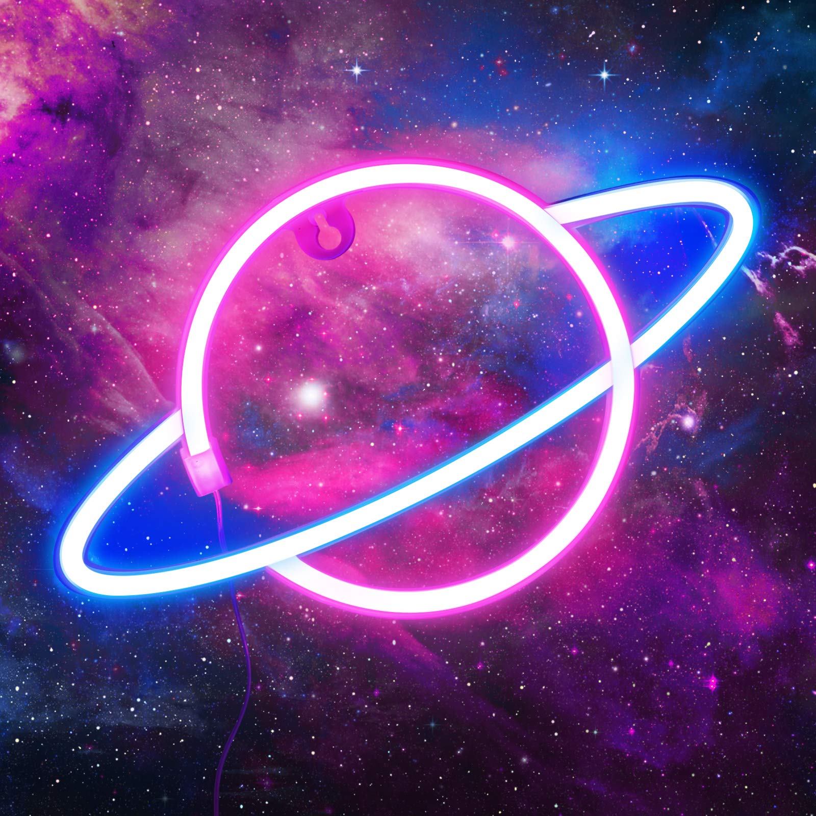 Criacr LED Planet Neon Light Sign - USB/Battery Powered Wall Decor Night Light in Pink & Blue - Perfect for Bedroom, Kids Room, Bar, Party & Home Decoration | Creates Cozy Atmosphere for Relaxation & Festive Celebrations