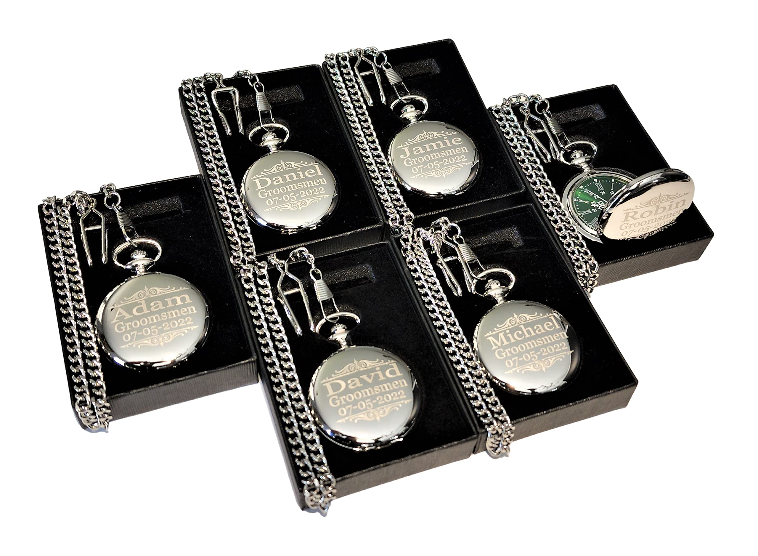 5 Personalized Engraved Pocket Watches for Men & Women - Custom His or Her Gift Set with Fitted Boxes & Chains (Black) - Perfect for Anniversaries, Weddings, Graduations & Special Occasions