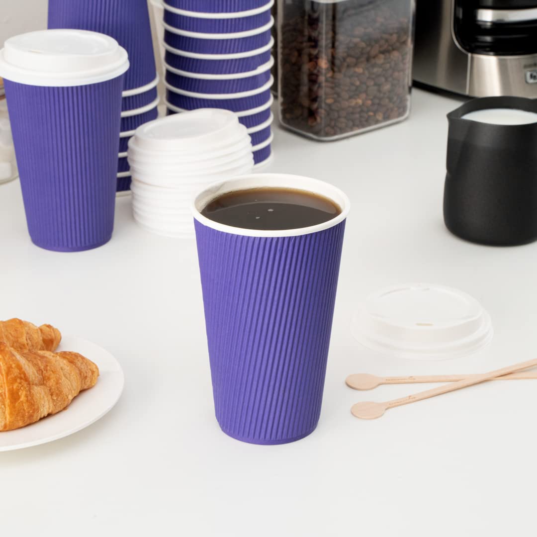 16oz Insulated Coffee Cups with Lids (200 Pack) - Leakproof & Non-Slip Royal Purple Disposable Paper Cups for Hot Beverages - Perfect for Coffee Shops, Offices, and Catering Services