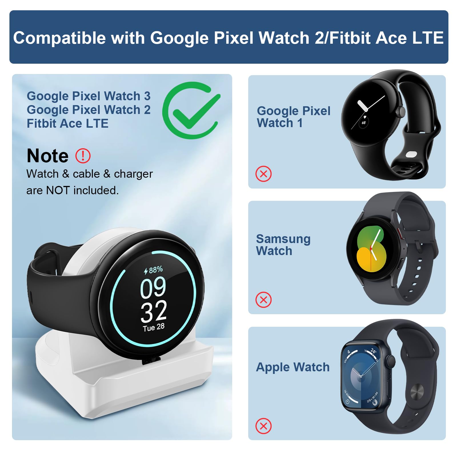 TiMOVO Vertical Charger Stand for Google Pixel Watch 3/Pixel Watch 2/Fitbit Ace LTE - Non-Slip Charging Dock with Cable Management Slot (White) - Perfect for Nightstand, Office Desk & Travel Organization