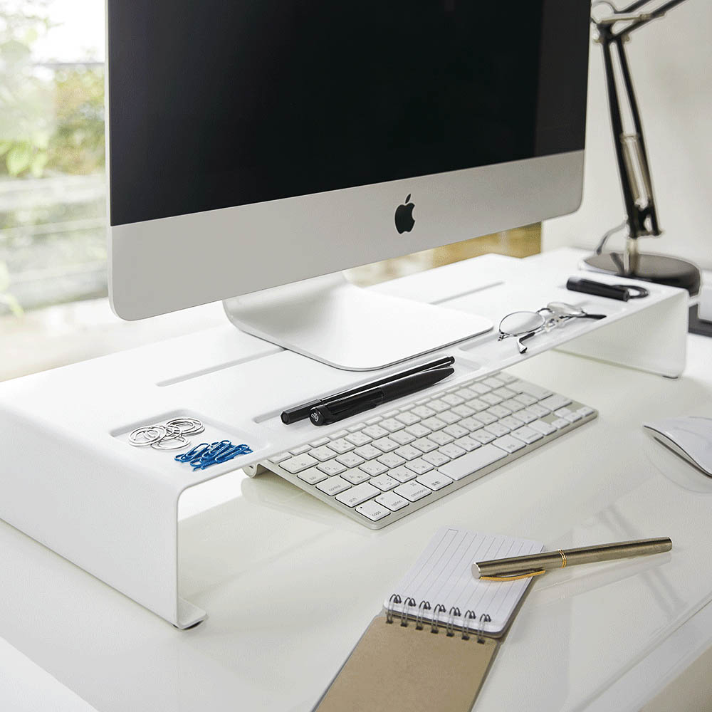 YAMAZAKI White Tower Monitor Stand - Adjustable Desktop Riser for Computer Screens, Laptops, and Printers - Perfect for Home Office, Gaming Setup, and Workspace Organization