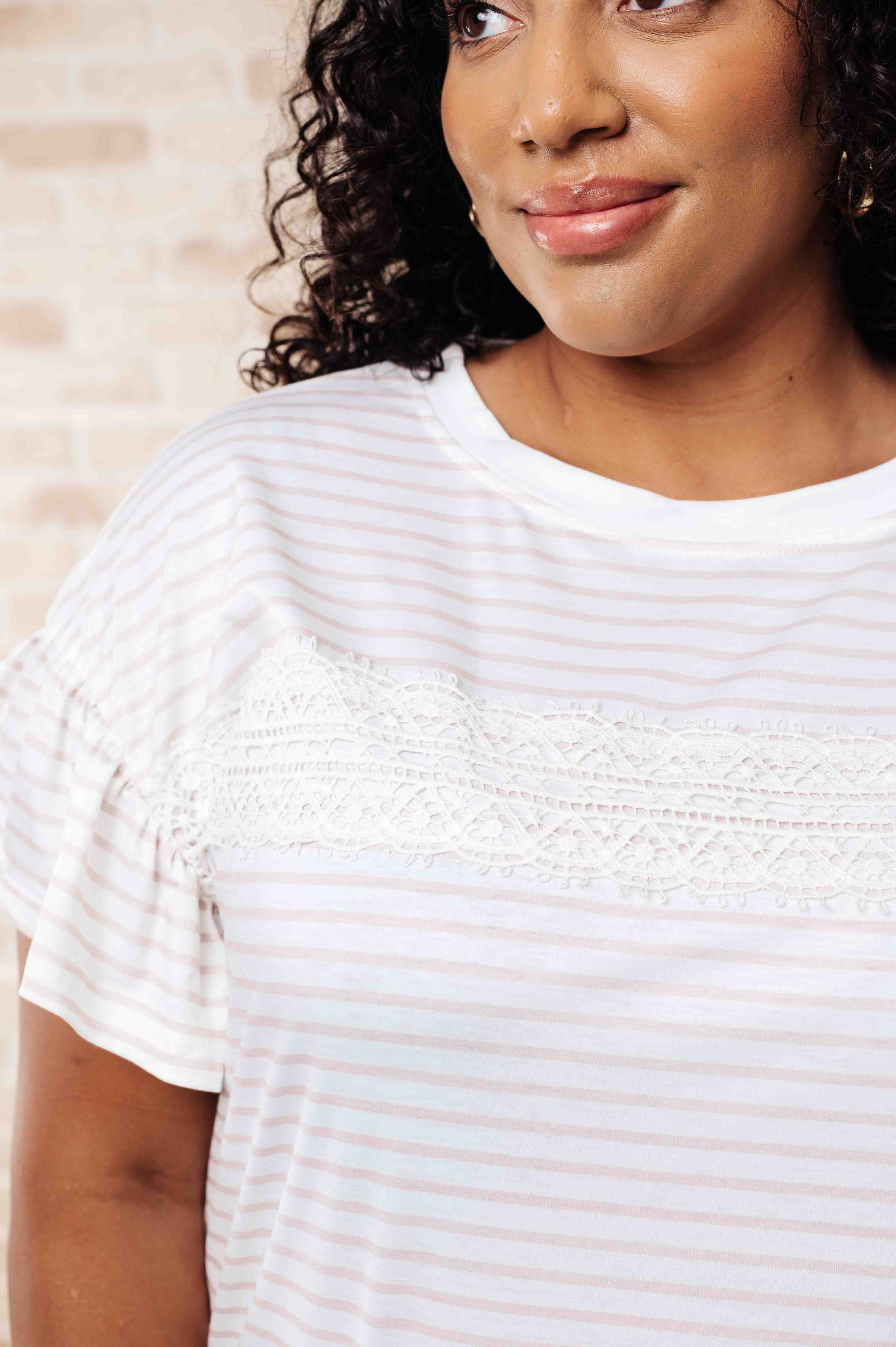 Hand to Hold Lace Detail Striped Top - Women's Fashion Blouse for Casual Wear, Date Night & Office Outfits