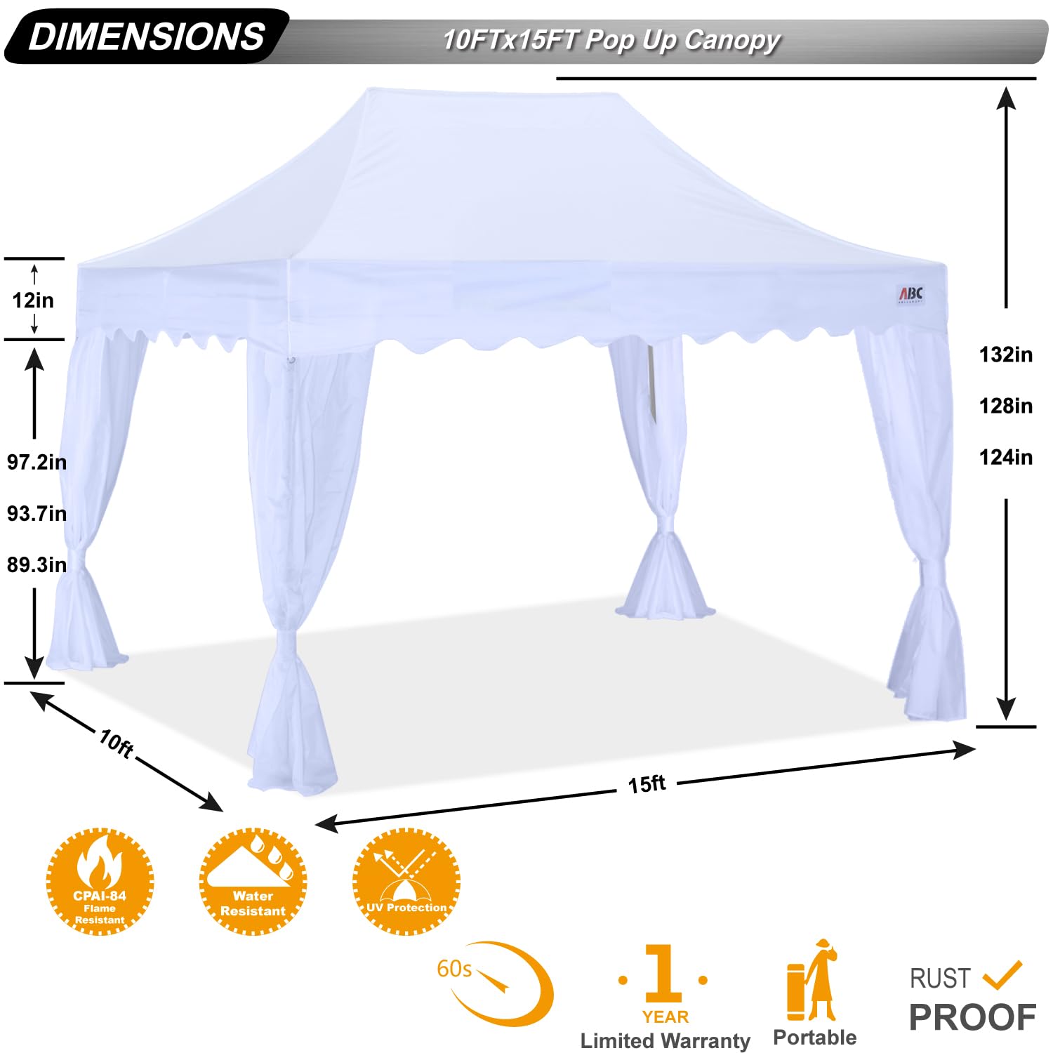 ABCCANOPY 10x15 Pop Up Canopy Tent with Curtain - Portable Outdoor Shelter for Patio, Backyard, Camping, Picnics, and Events (White) - Weather Resistant & Easy Setup