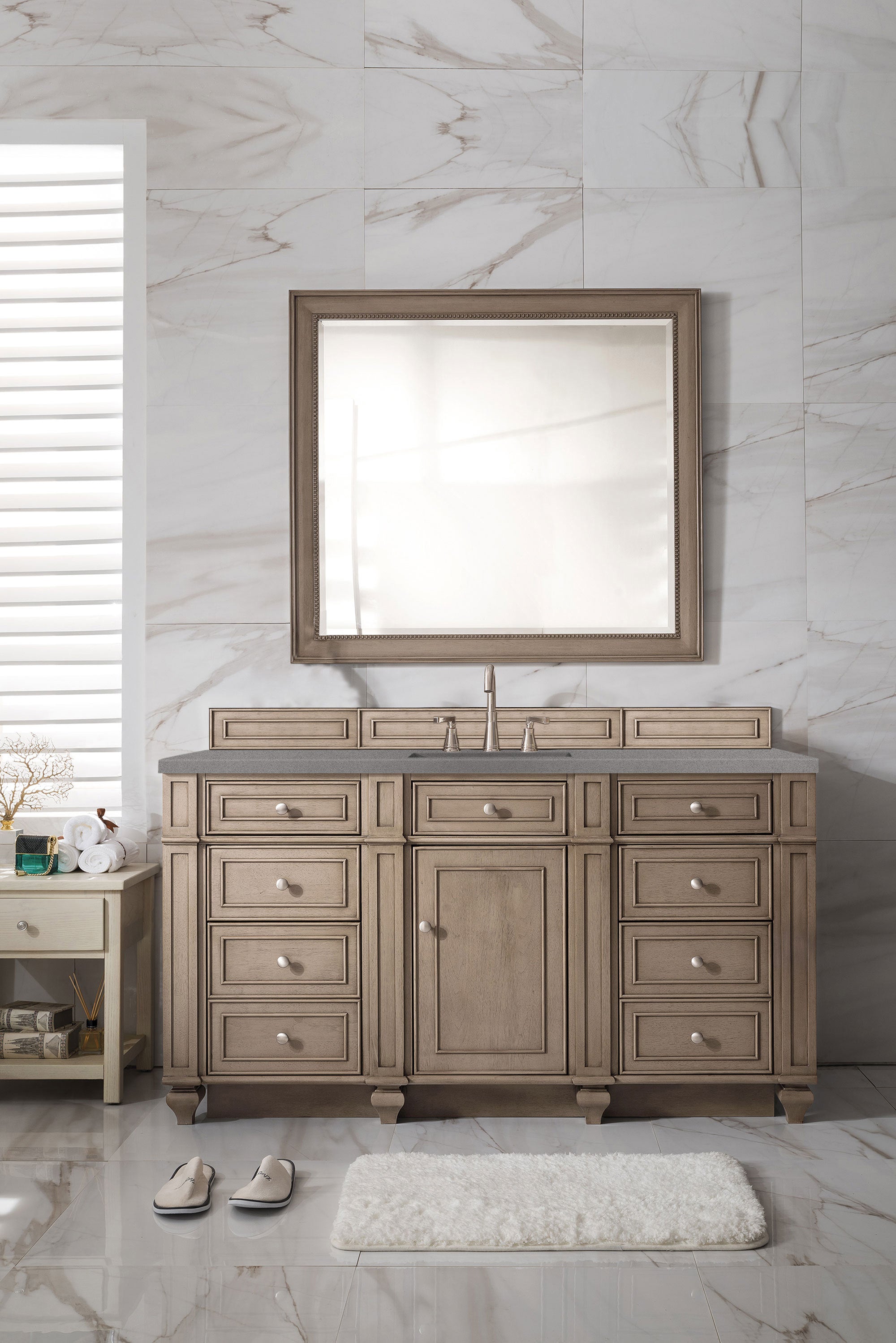 Bristol 60 Inch Single Bathroom Vanity Set - Whitewashed Walnut Finish with 3CM Gray Expo Quartz Countertop | Perfect for Modern Master Bathrooms & Guest Bathroom Renovations