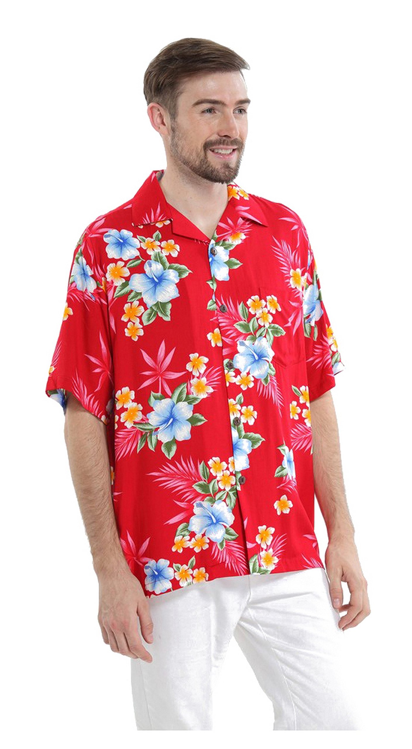 Hawaiian Aloha Shirt for Men - Red Hibiscus Print Short Sleeve Button Down Shirt | Beach Party, Summer Vacation & Tropical Theme Outfit