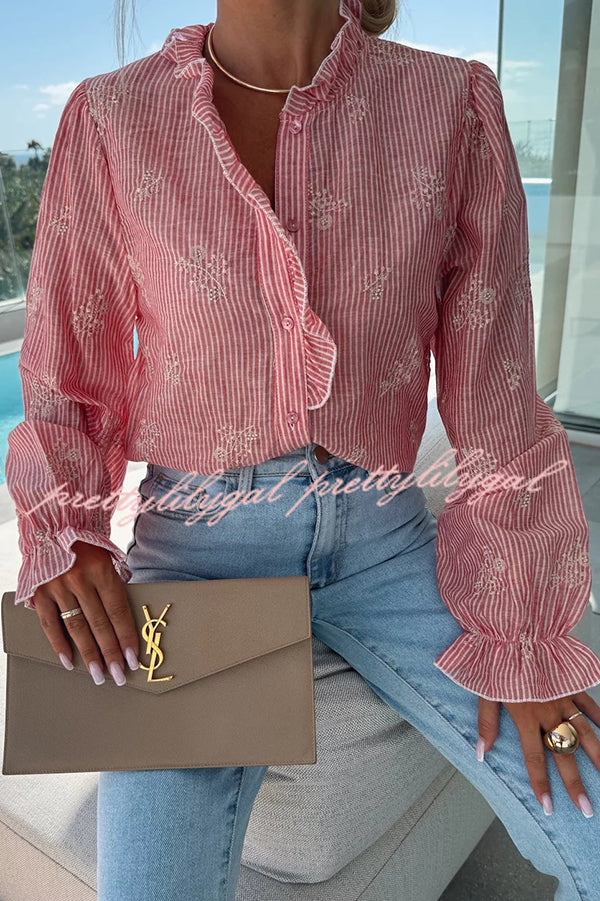 Stylish Stripe Print Embroidered Long Sleeve Casual Shirt for Men & Women | Comfortable Cotton Blend Top for Work, Date Night & Everyday Wear
