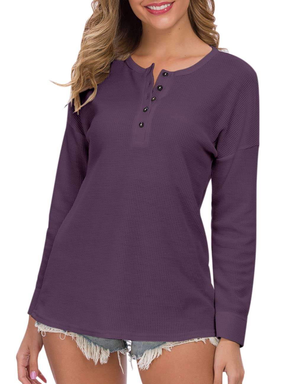 WNEEDU Women's Waffle Knit Tunic Top - Loose Fit Long Sleeve Button Up V-Neck Henley Shirt for Casual Wear, Office & Fall Outfits | Comfortable & Stylish Blouse for Everyday Fashion