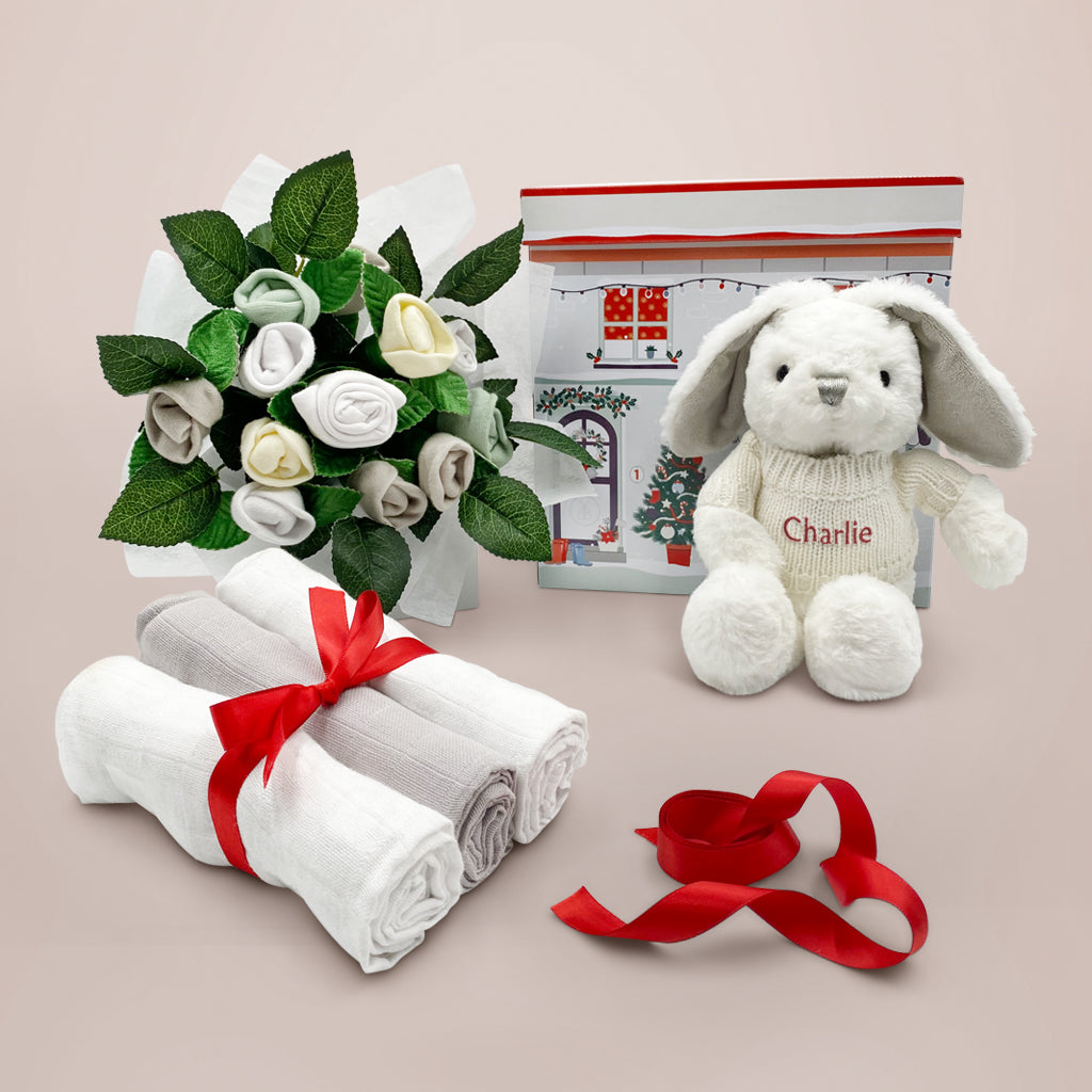 Personalized Baby Bunny Grey Christmas Welcome Hamper for Newborns - Perfect Baby Shower Gift & Nursery Decor