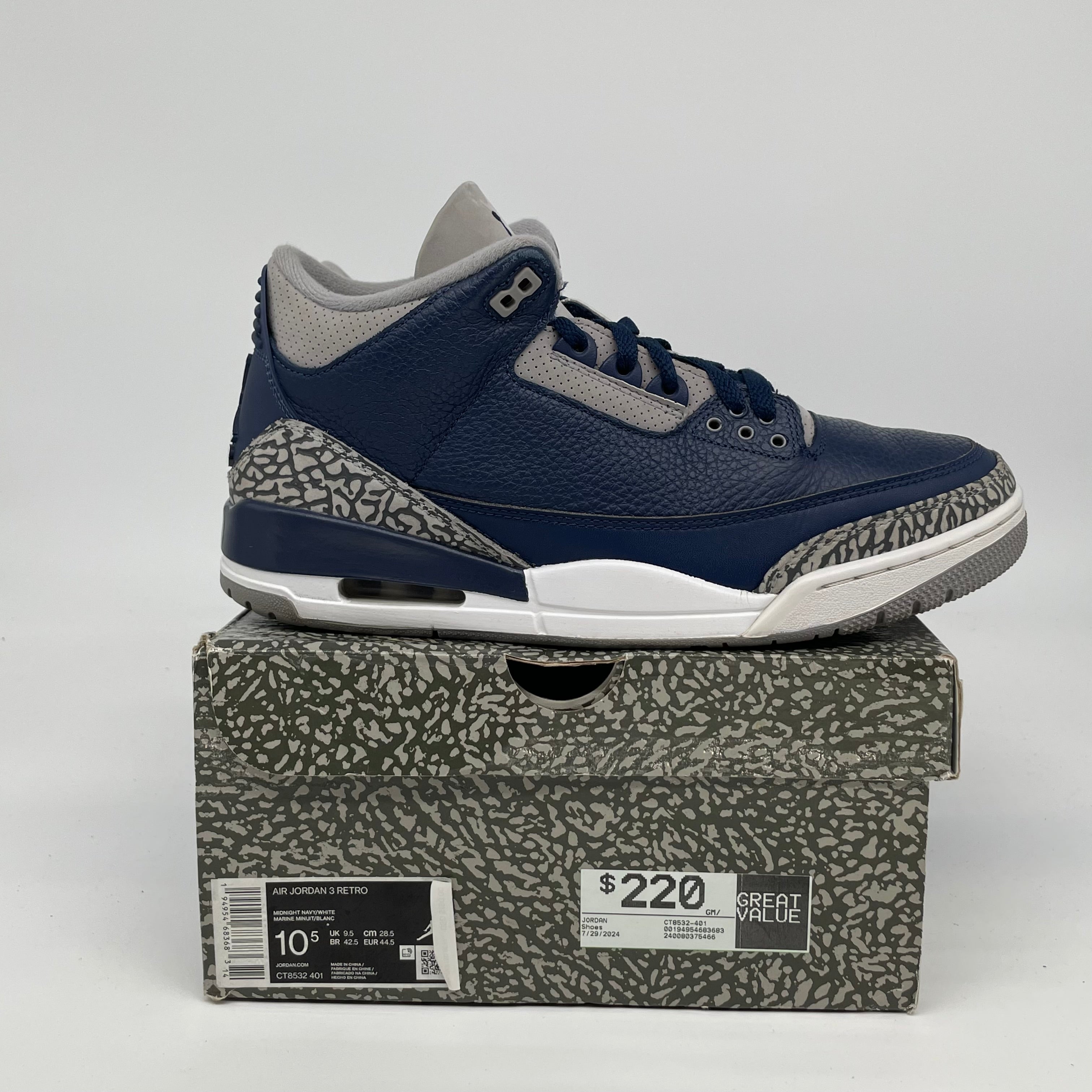 AIR JORDAN 3 GEORGETOWN Retro Basketball Shoes Men's Size 10.5 - White/Blue/Grey (CT8532-401) | Official Nike Sneakers for Streetwear & Basketball Games