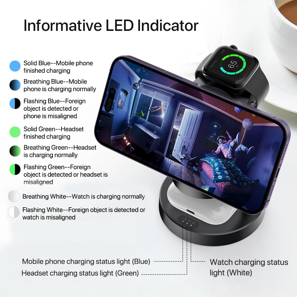 3-in-1 Magnetic Wireless Charging Station for iPhone 16/15/14/13/12 Pro Max & Apple Watch 9/8/7/6/5 & AirPods 3/2/Pro - Fast 15W Magsafe Charger with LED Display - Perfect for Bedside, Office & Travel Charging