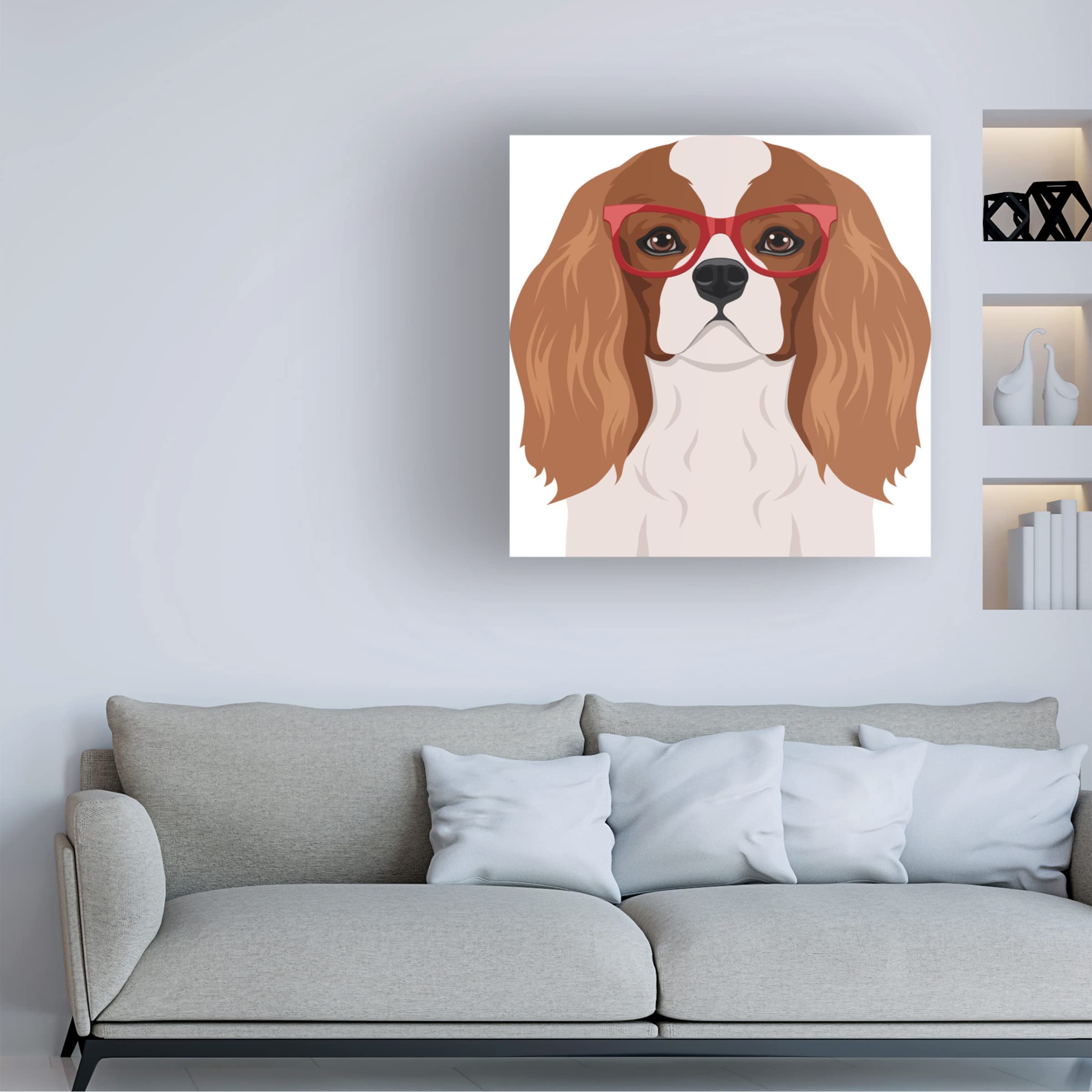 Cavalier King Charles Spaniel Wearing Hipster Glasses Canvas Wall Art - Modern Pet Portrait Painting for Living Room & Bedroom Decor - Funny Dog Gift for Pet Lovers