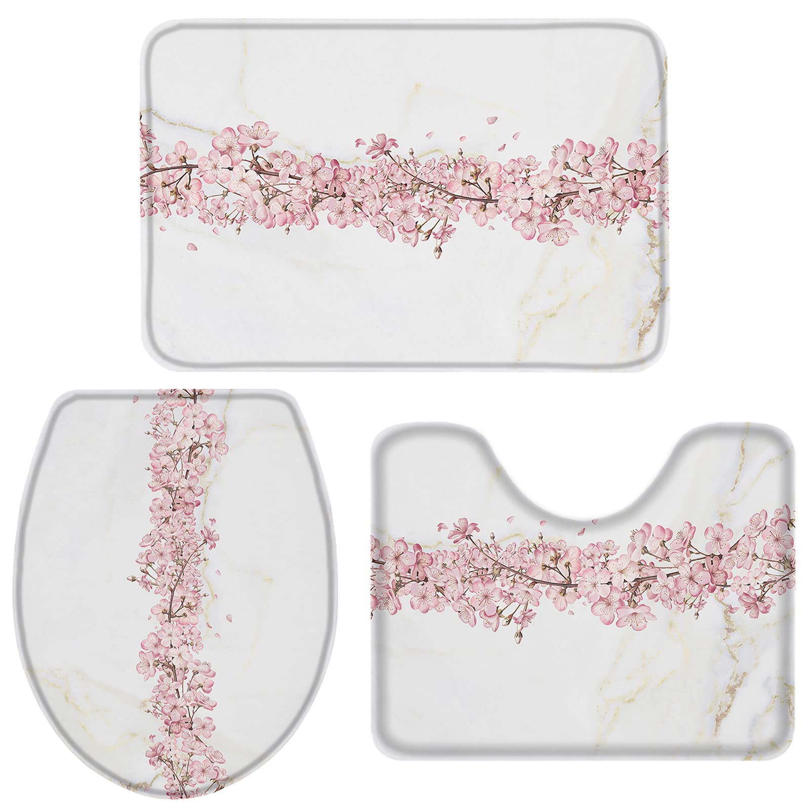 3-Piece Pink Peach Blossom White Marble Bathroom Rug Set - Non-Slip Absorbent Shower Mats with Toilet Lid Cover, Soft Contour Bath Mat for Safety & Comfort - Perfect for Modern Bathrooms & Spa-Like Home Decor