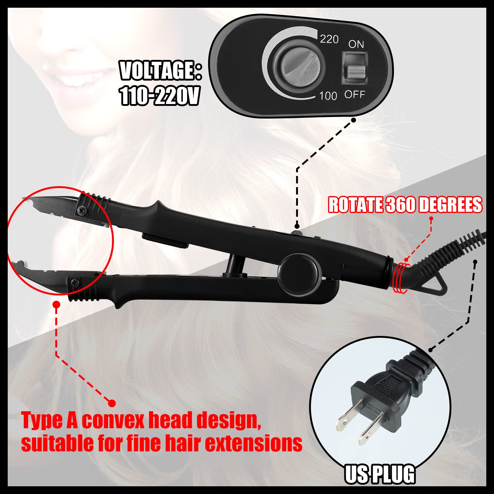 Professional Hair Extensions Fusion Heat Iron Connector Wand - US Plug - Includes 2 Bags Keratin Glue Granule Beads (A Head, Black) - Perfect for Salon Styling & DIY Hair Extensions at Home
