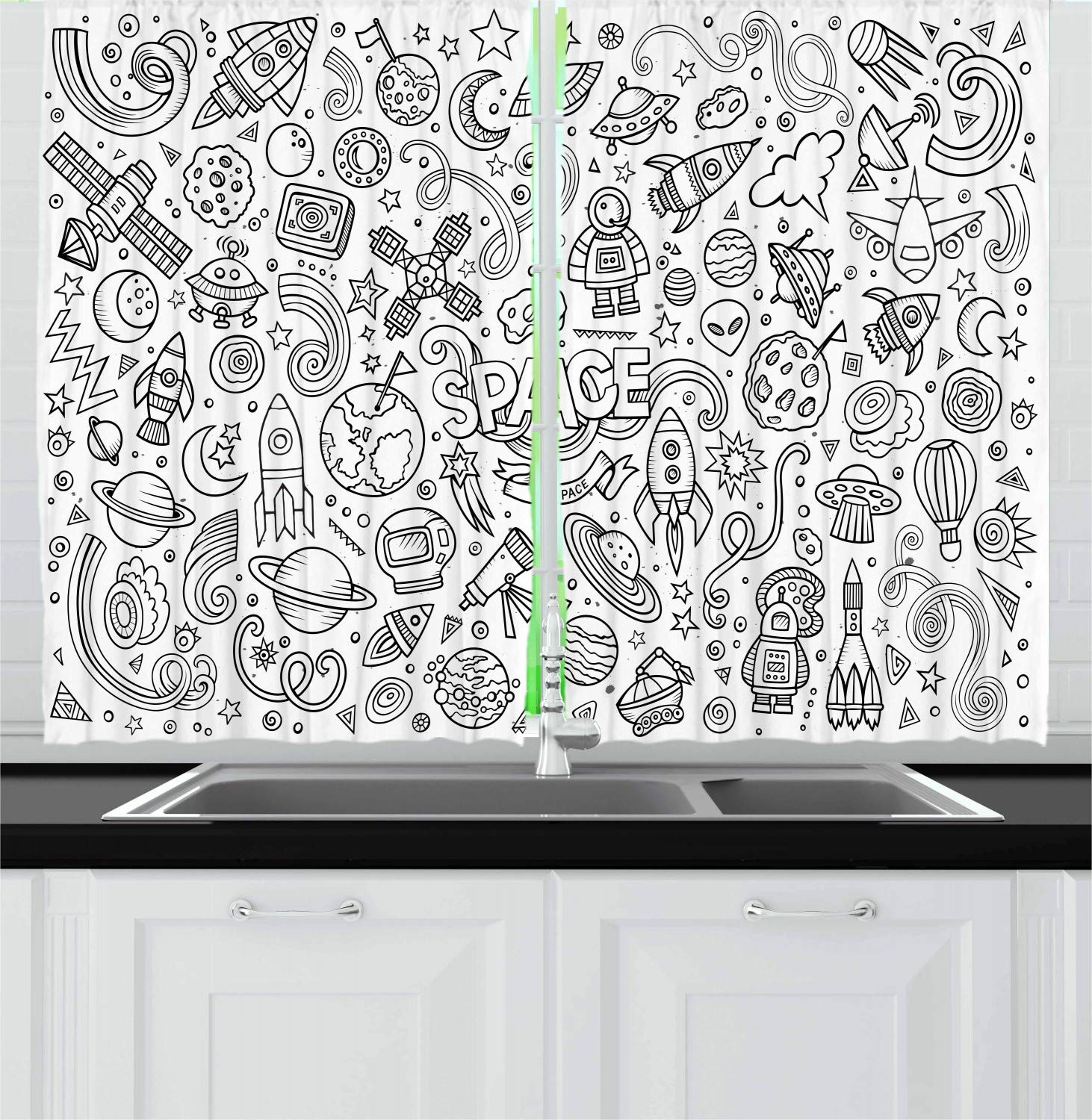 Ambesonne Cartoon Kitchen Curtains - Abstract Planets Doodle Drawing Style Window Drapes, 2 Panel Set for Kitchen & Cafe Decor, 55
