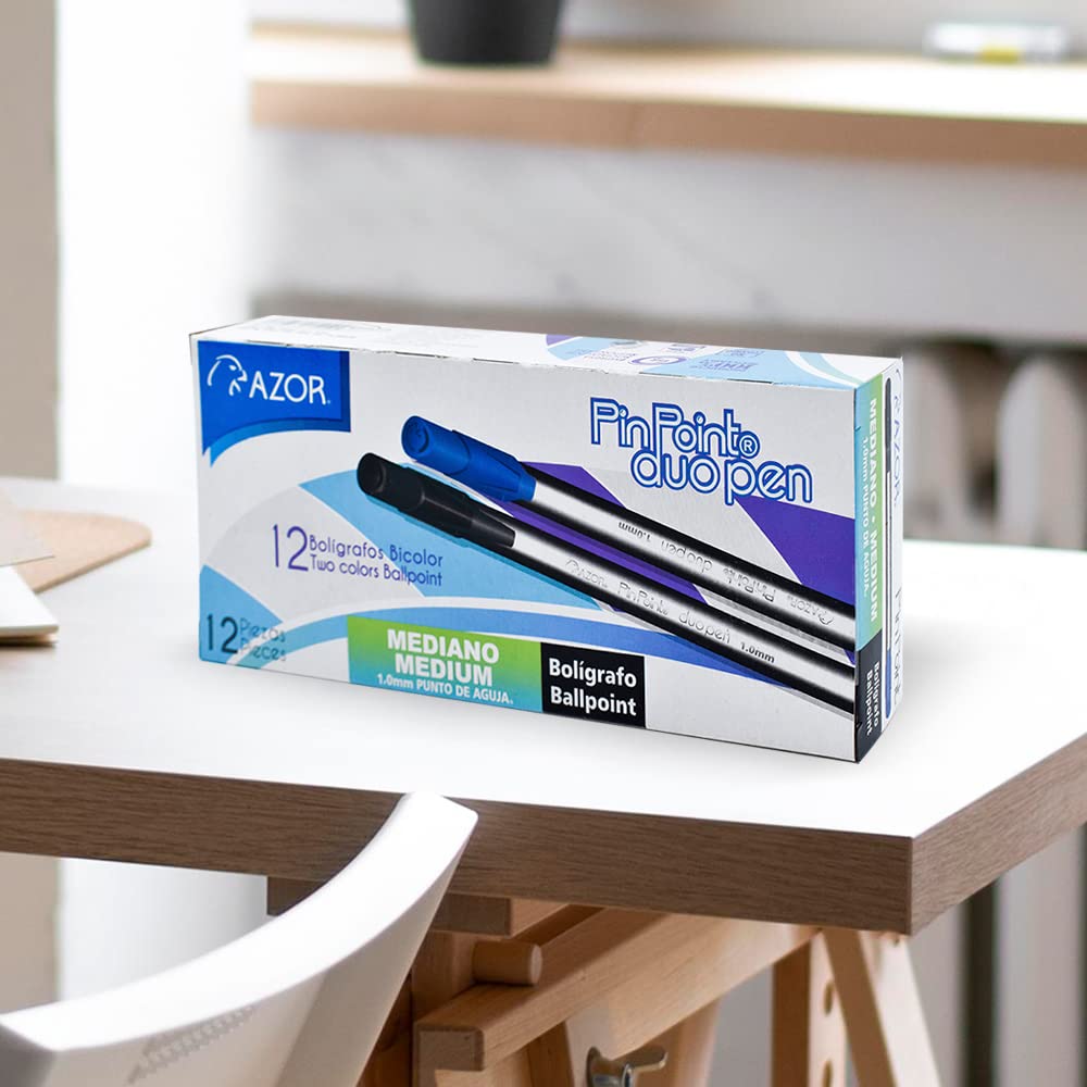 AZOR Pin Point Double Ended Black and Blue Fine Pens 1.0mm - 12 Pack Fine Tip Ballpoint Pens for Writing, Note Taking & Marking - Perfect for Nurses, Students, Office Work, Business Documents & Home Use