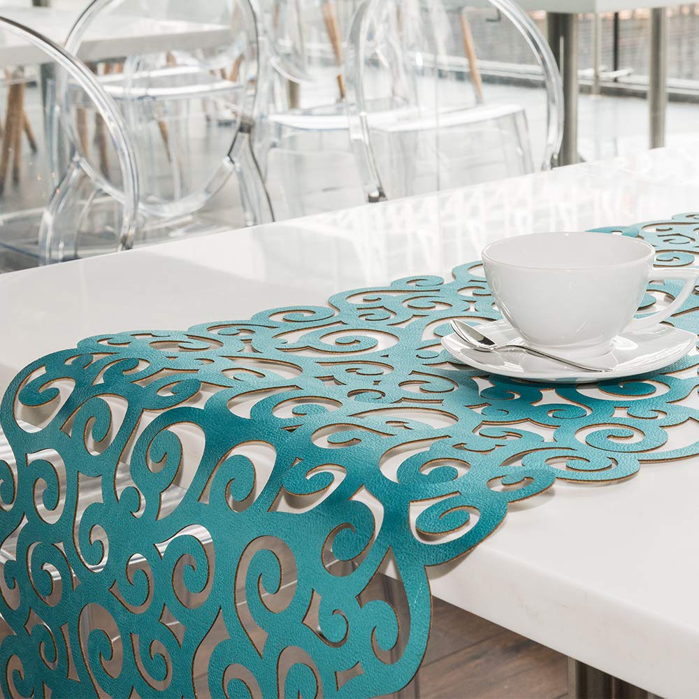 Mijal Gleiser Double Sided Table Runner - Laser Cut Heat Resistant Non Slip Stain Resistant - 62 x 16 Inch - Sea Snail Collection Royal Blue Champagne - Perfect for Dining Tables, Weddings, Parties & Home Decor