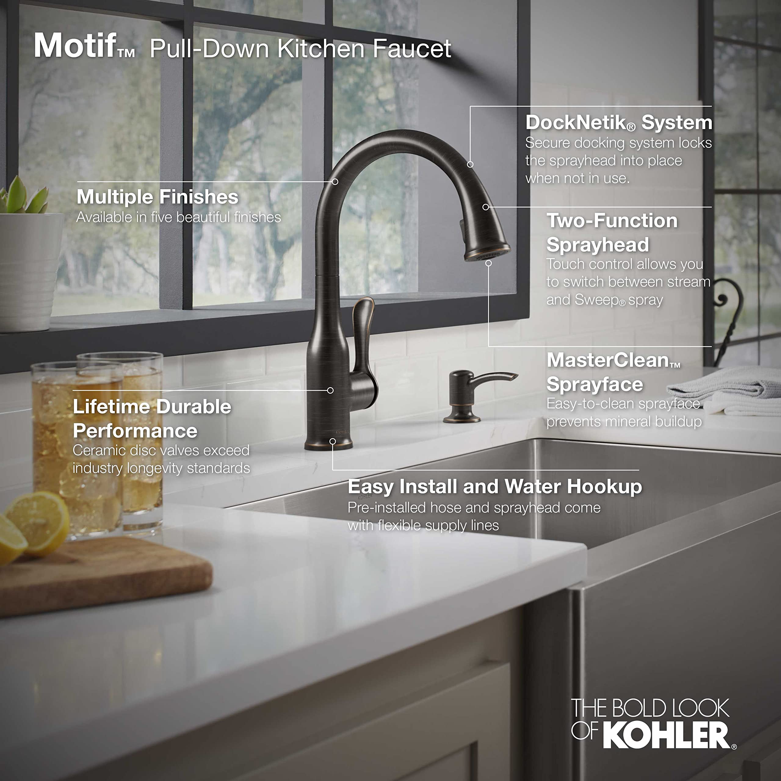 KOHLER K-REC23863-SD-CP Motif Pull Down Sprayer Kitchen Faucet with Soap Dispenser, Polished Chrome, Ideal for Modern and Traditional Kitchen Sinks