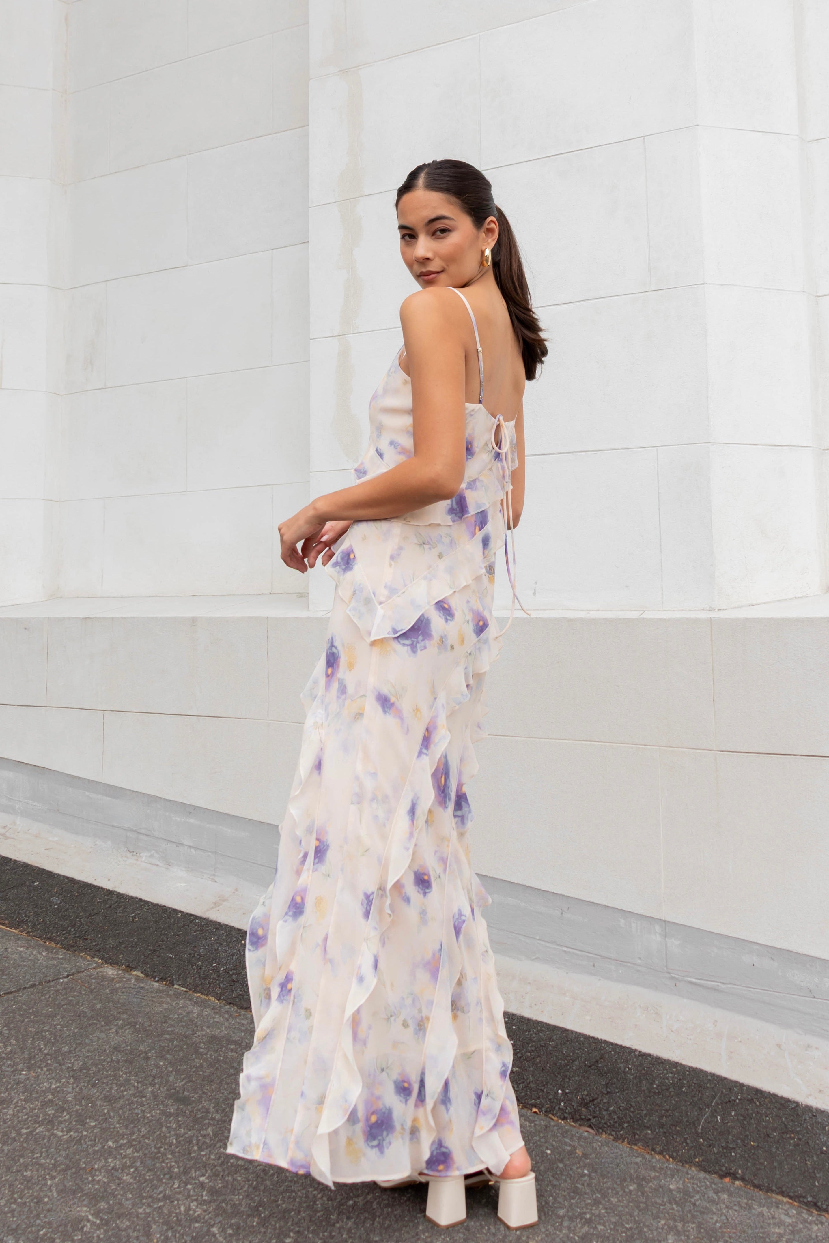 Galore Peach Blue Floral Bias Ruffle Slip Maxi Dress - Women's Summer Beach Wedding Party Dress for Vacation & Special Occasions