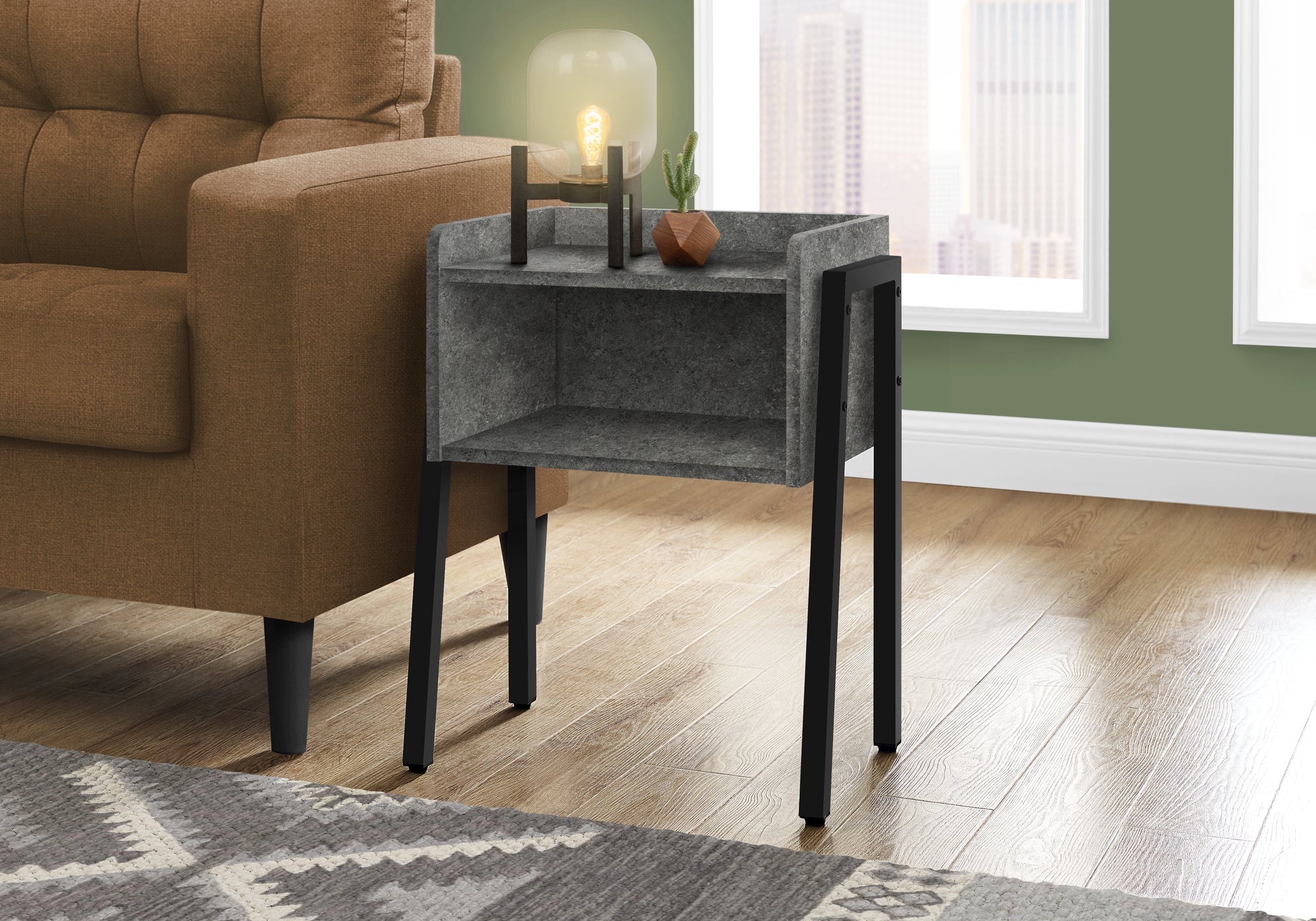 Modern Grey Stone Look Accent Table with Black Metal Frame - 23 Inch Height - Perfect for Living Room, Bedroom, or Entryway Decor