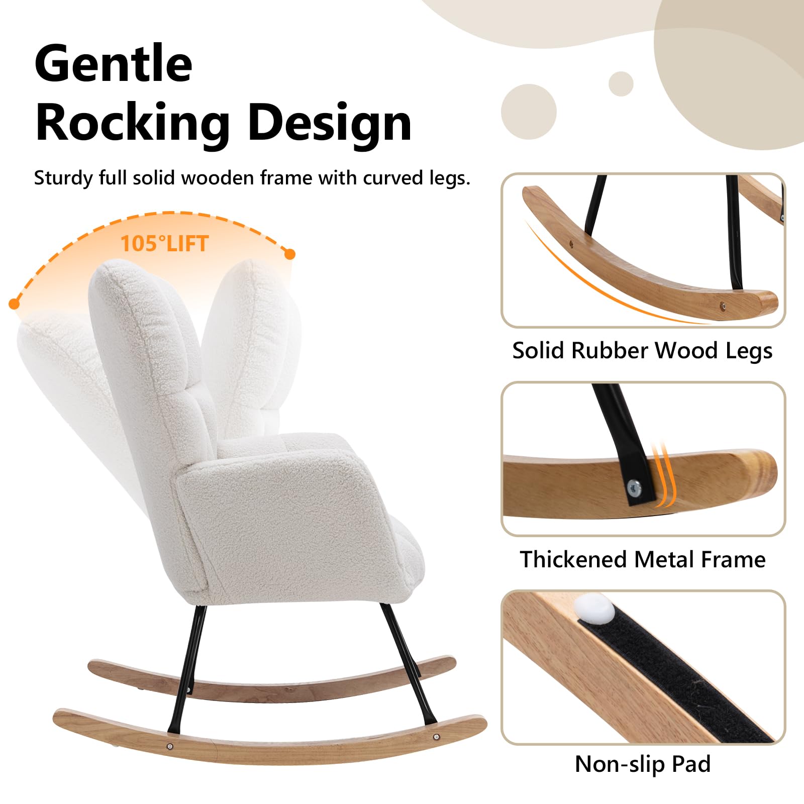 NIOIIKIT Teddy Upholstered Nursery Glider Rocking Chair - High Back Padded Seat Accent Armchair with Comfortable Cushions - Perfect for Nursery, Living Room, Bedroom & Office (Ivory Teddy) - Ideal for Breastfeeding, Relaxing & Reading