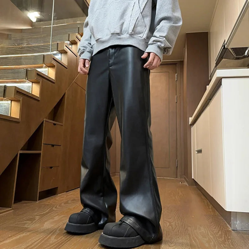 Men's PU Leather Casual Pants - American Style Straight Leg Wide Fit Loose Trousers with Boot Cut | Solid Color Menswear (Style 9C8865) | Perfect for Everyday Wear, Office & Night Out