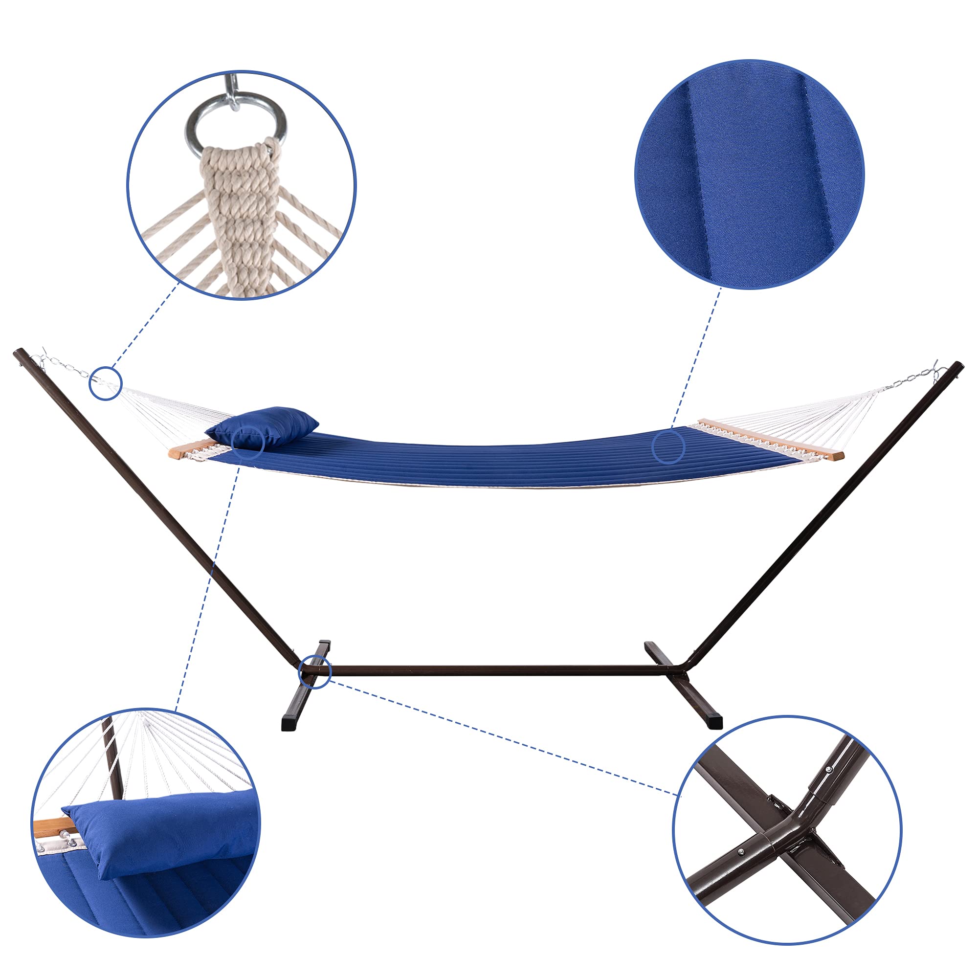 12 FT Heavy Duty Outdoor Quilted Hammock with Stand - 2 Person Hammock Set Includes Pillow & Spreader Bars - 450lbs Capacity Navy Blue - Perfect for Patio, Poolside, Garden, Backyard & Lawn Relaxation