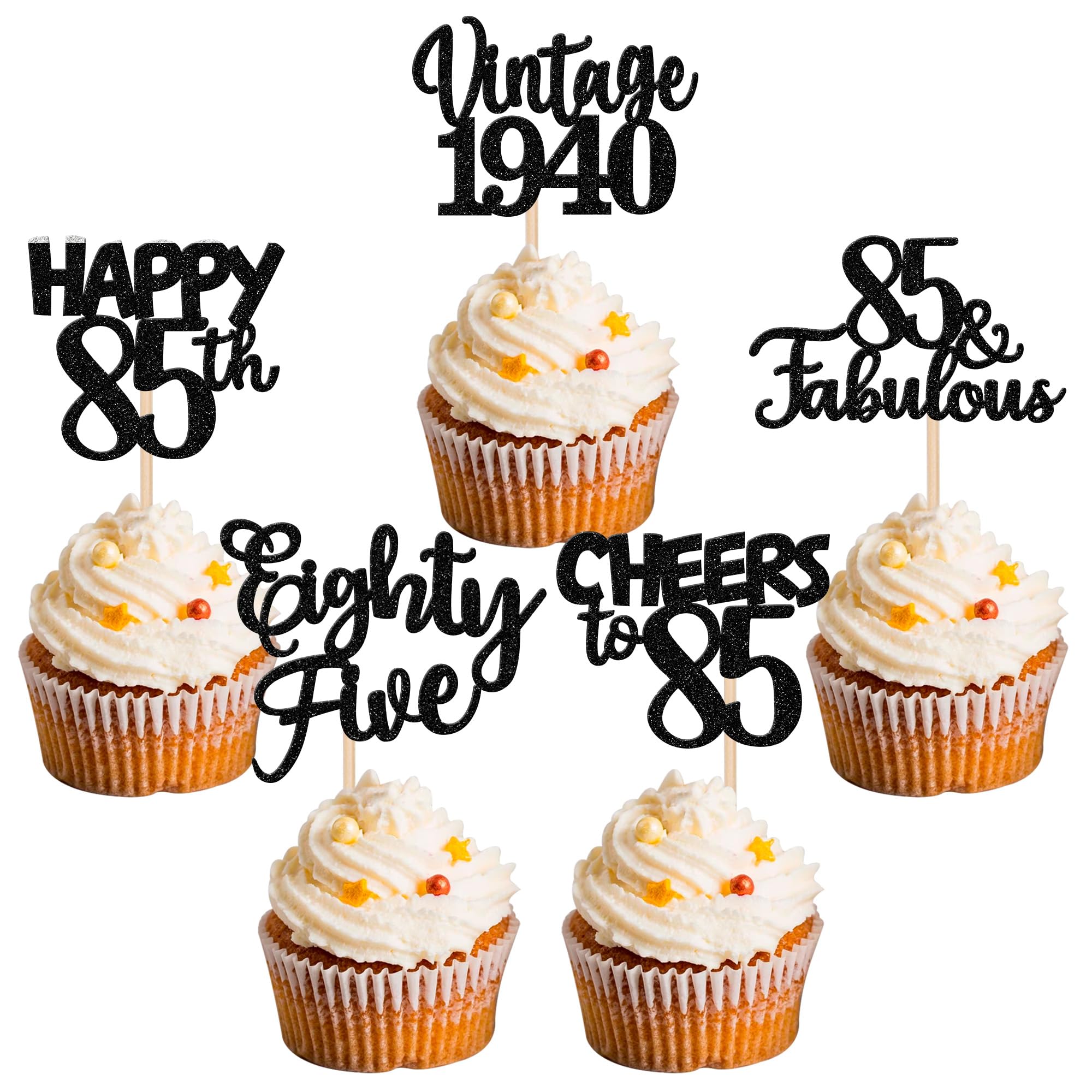 30PCS Vintage 1940s Style 85th Birthday Cupcake Toppers - Glitter Eighty Five Cake Decorations with 'Fabulous Cheers to 85 Years' for Anniversary Party Supplies (Black) | Perfect for Milestone Birthday Celebrations, Retirement Parties & Golden Age Themed Events