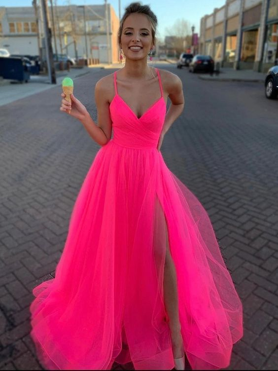 Elegant A-Line V-Neck Tulle Prom Dress in Hot Pink with High Slit - Perfect for Senior Prom, Homecoming, and Formal Events 2109