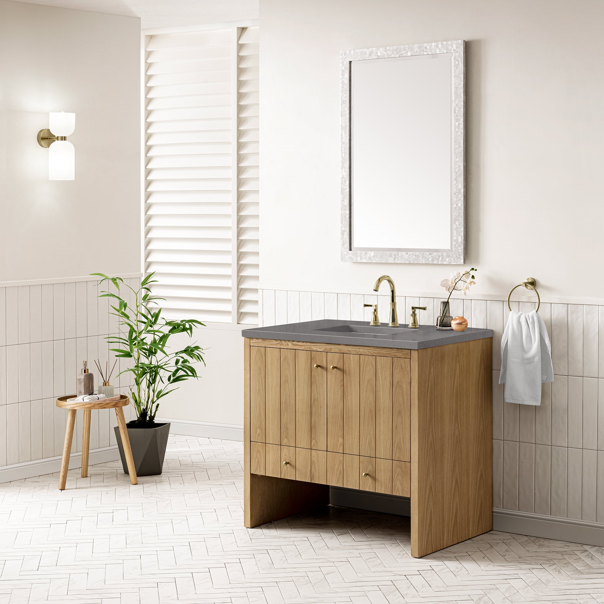 Hudson 36 Inch Single Bathroom Vanity with Light Natural Oak Finish & 3CM Grey Expo Top - Perfect for Modern Home Bathroom Renovation and Small Space Design