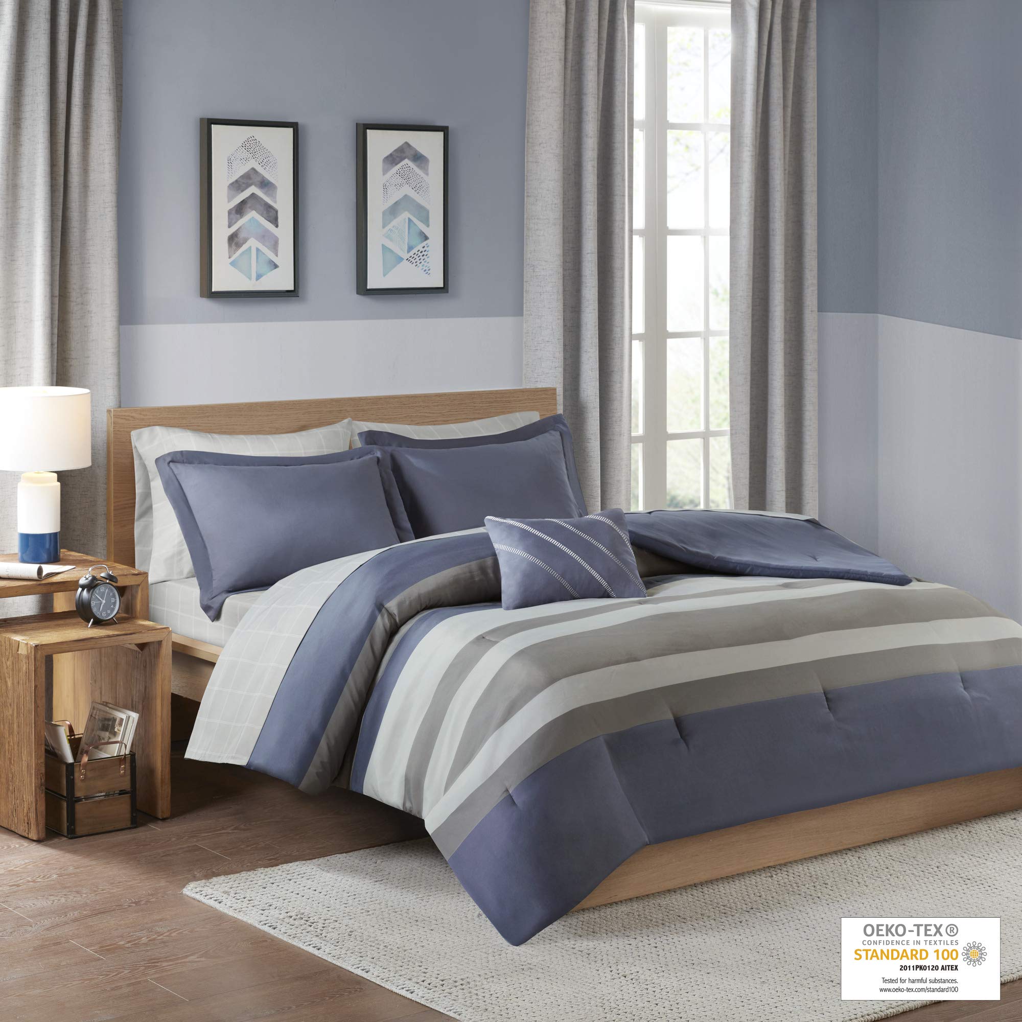 Intelligent Design Marsden Comforter Set - Striped Embroidered Toss Pillow & 6-Piece Sheet Set for Twin XL Bed | All-Season Blue/Grey Bedding | Perfect for Guest Rooms, Dorms & Cozy Bedroom Makeovers
