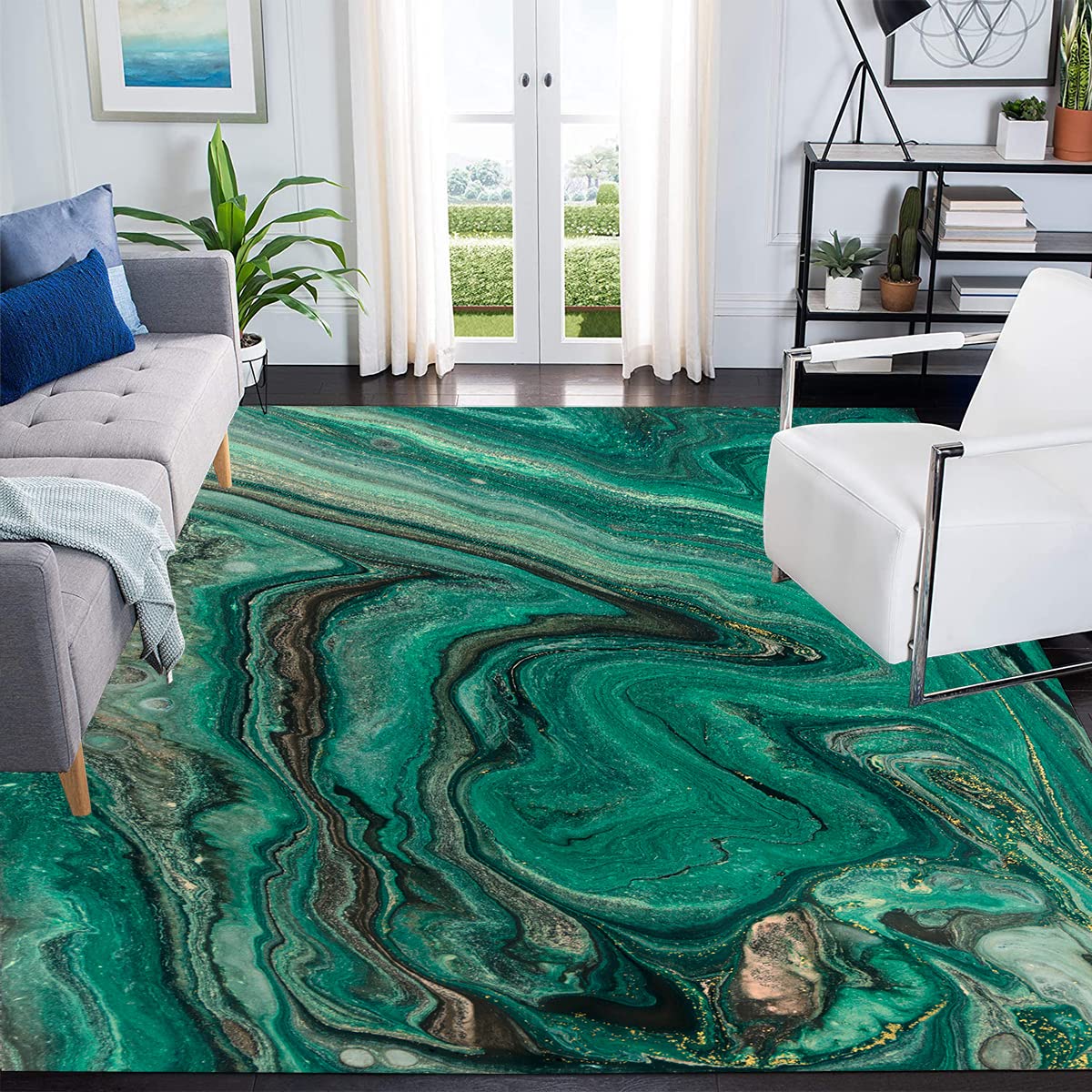 Black Green Gold Marble Swirl Modern Abstract Area Rug - 5x8 Washable Soft Carpet for Living Room, Bedroom, Dining Table & Office - Retro Accent Floor Mat with Art Deco Design - Perfect for Home Decor, Workspace & High-Traffic Areas
