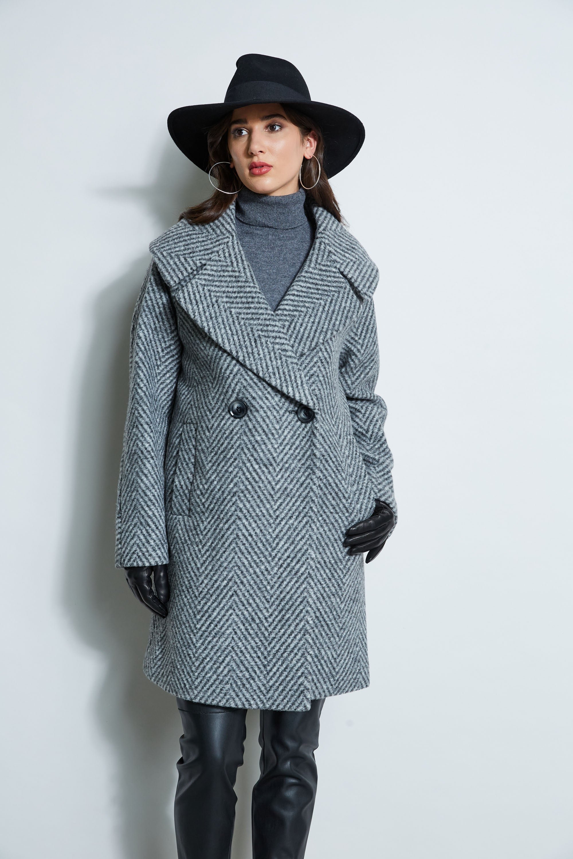Herringbone Brushed Wool Double Breasted Coat for Men - Winter Overcoat for Business & Formal Occasions