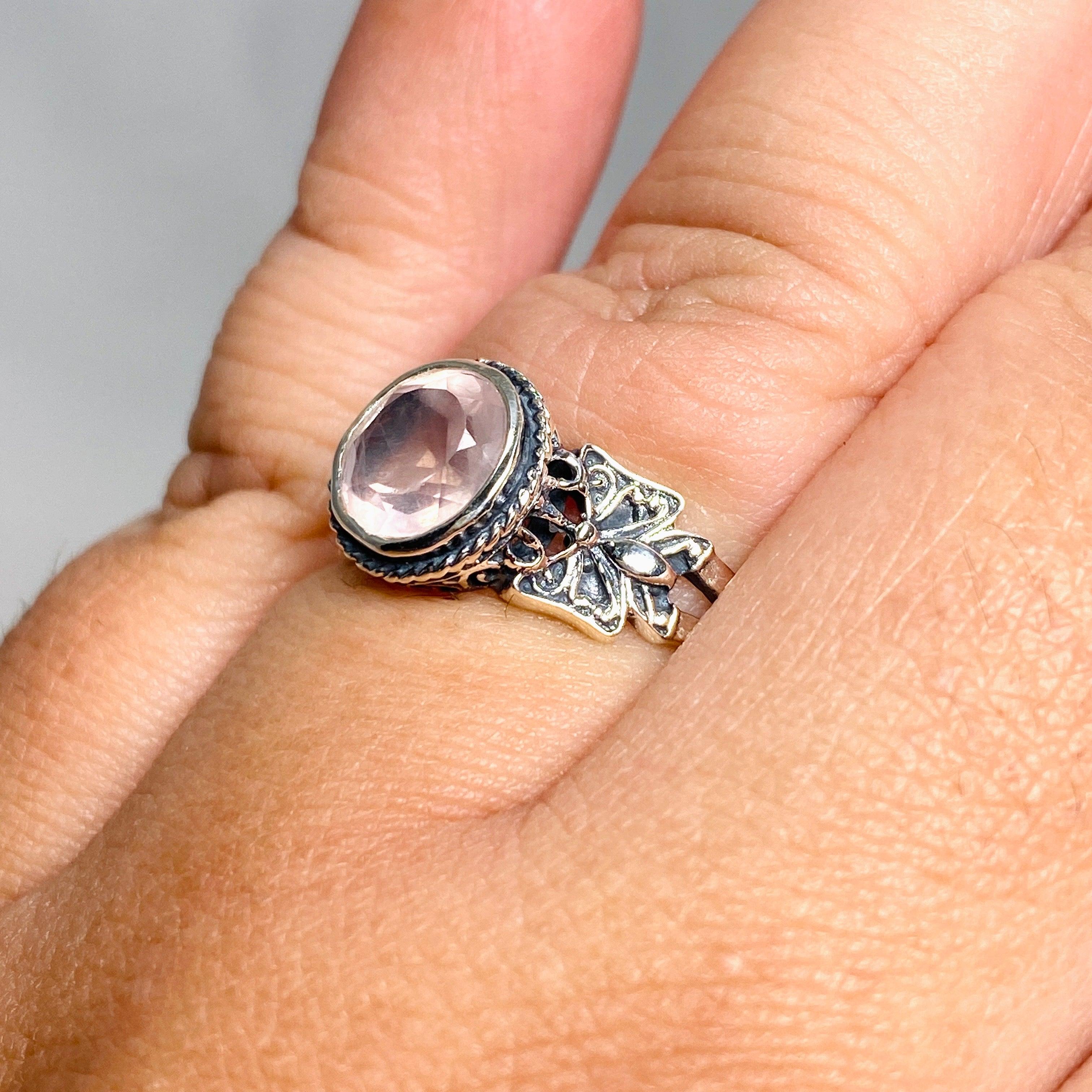 Rose Quartz Faceted Round Ring in Decorative Setting R3671 - Elegant Healing Crystal Jewelry for Women, Perfect for Meditation, Gifts & Spiritual Healing