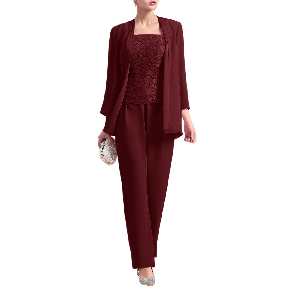Zongqiven Women's 3-Piece Chiffon Pantsuit Set with Lace Detail - Elegant Mother of the Bride Dress & Wedding Guest Outfit for Formal Evening Occasions