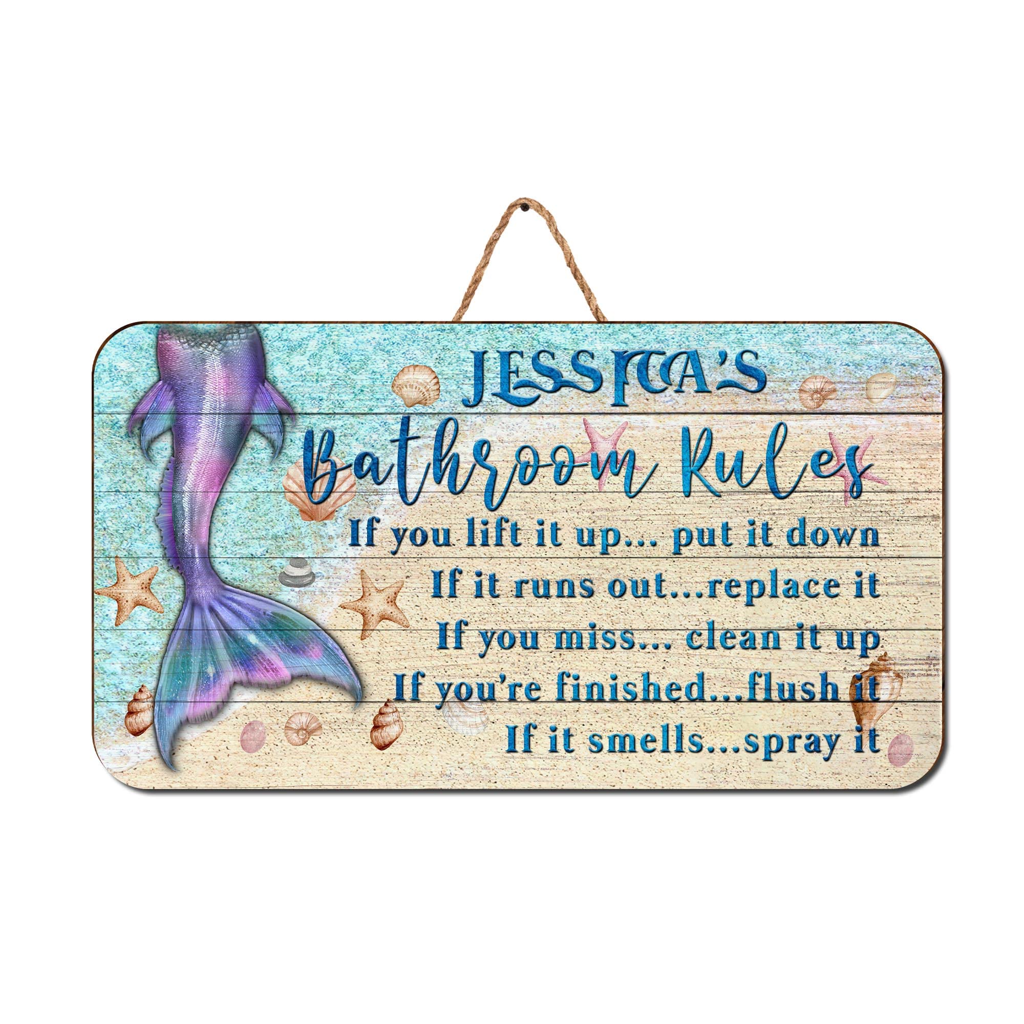 Personalized Mermaid Bathroom Rules Sign - Funny Farmhouse Decor for Home & Restroom
