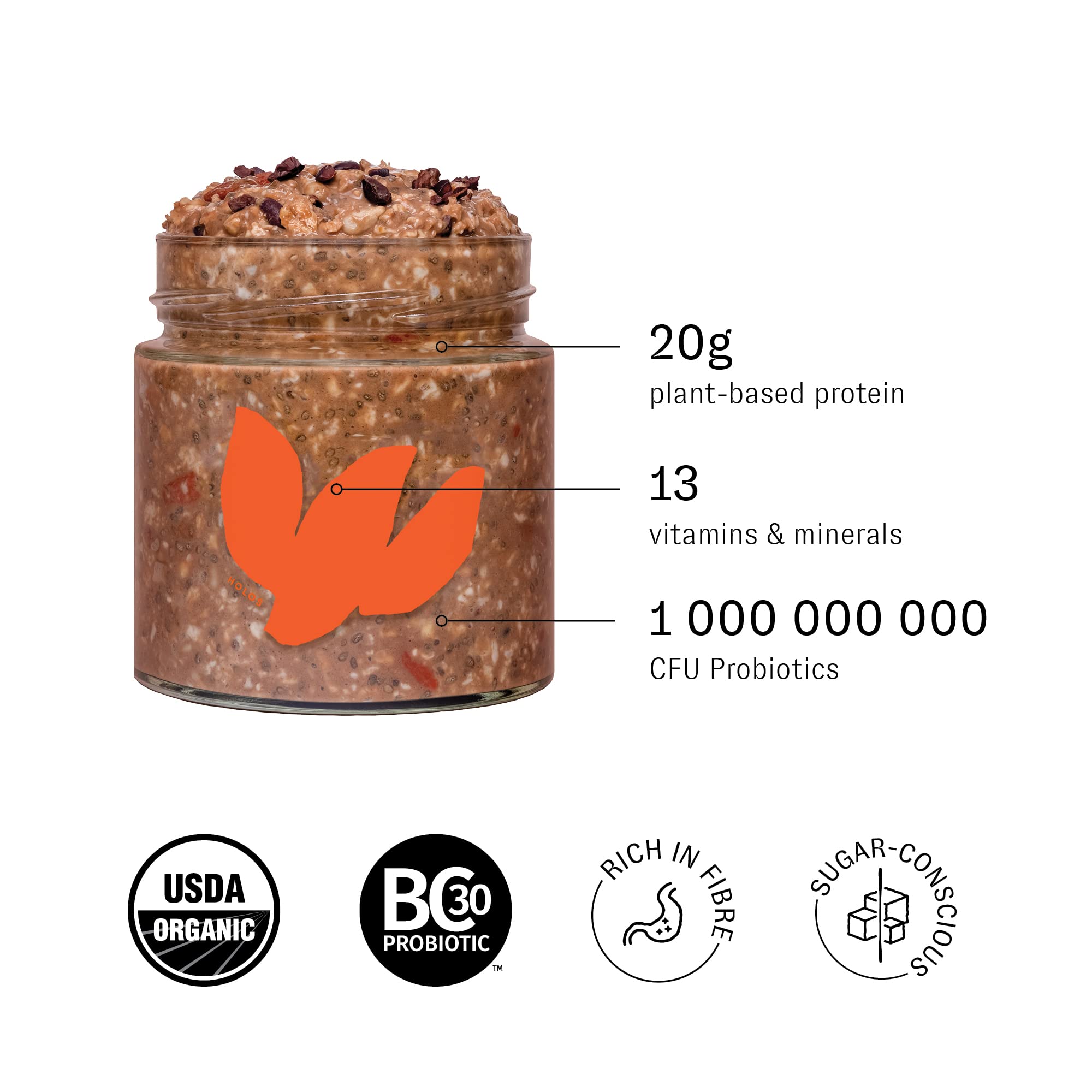 HOLOS Organic Overnight Muesli Variety Pack - 30 Meals | USDA Organic, Gluten Free, High Fiber Cereal with 20g Plant Protein, Probiotics, Vitamins & Minerals (3.17 Oz Bags) - Perfect for Breakfast, Healthy Snacking & On-the-Go Nutrition