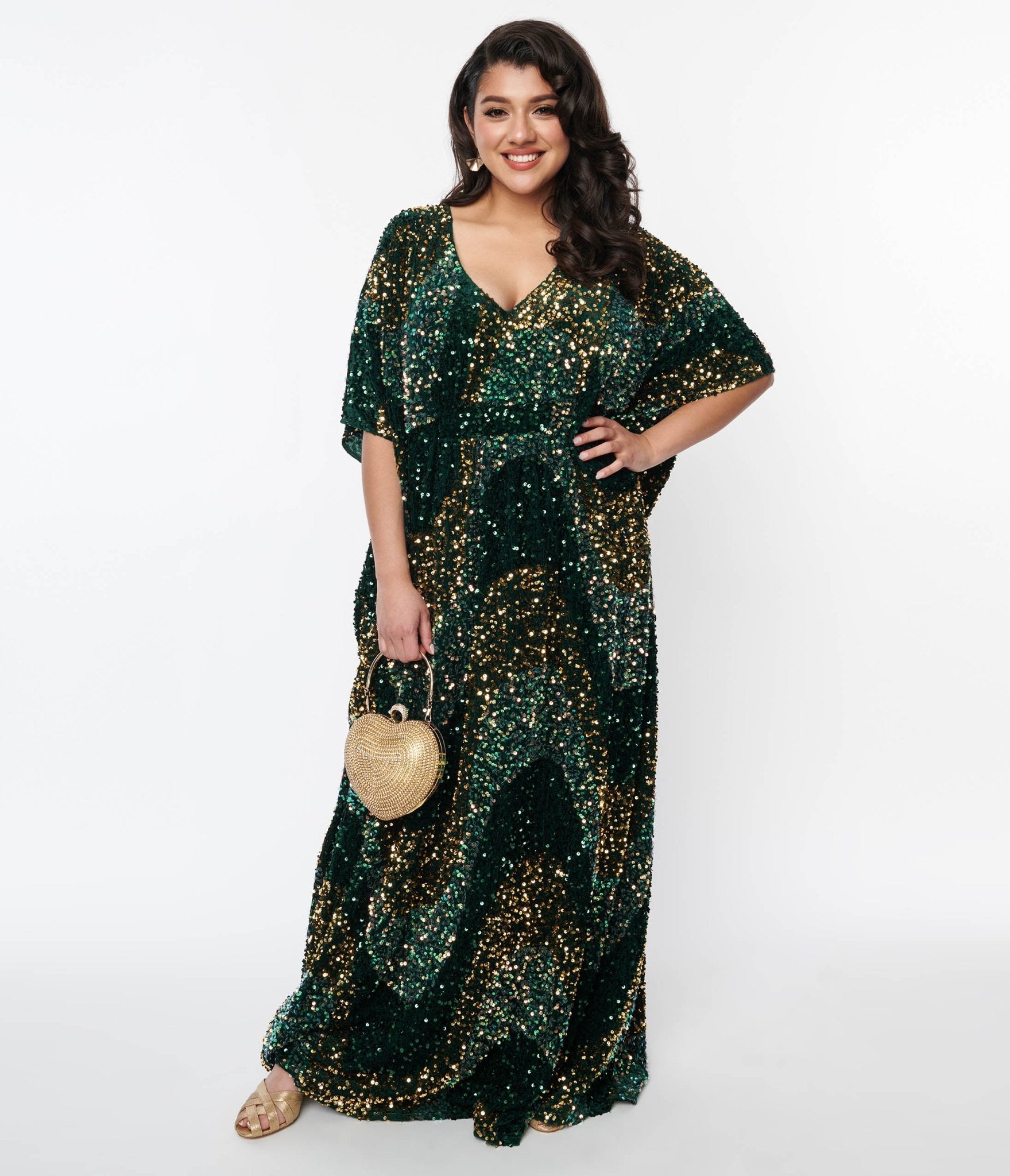 Vintage Emerald Green & Gold Sequin Burton Caftan Dress for Women - Elegant Boho Maxi Dress for Beach Wedding, Party & Special Occasions