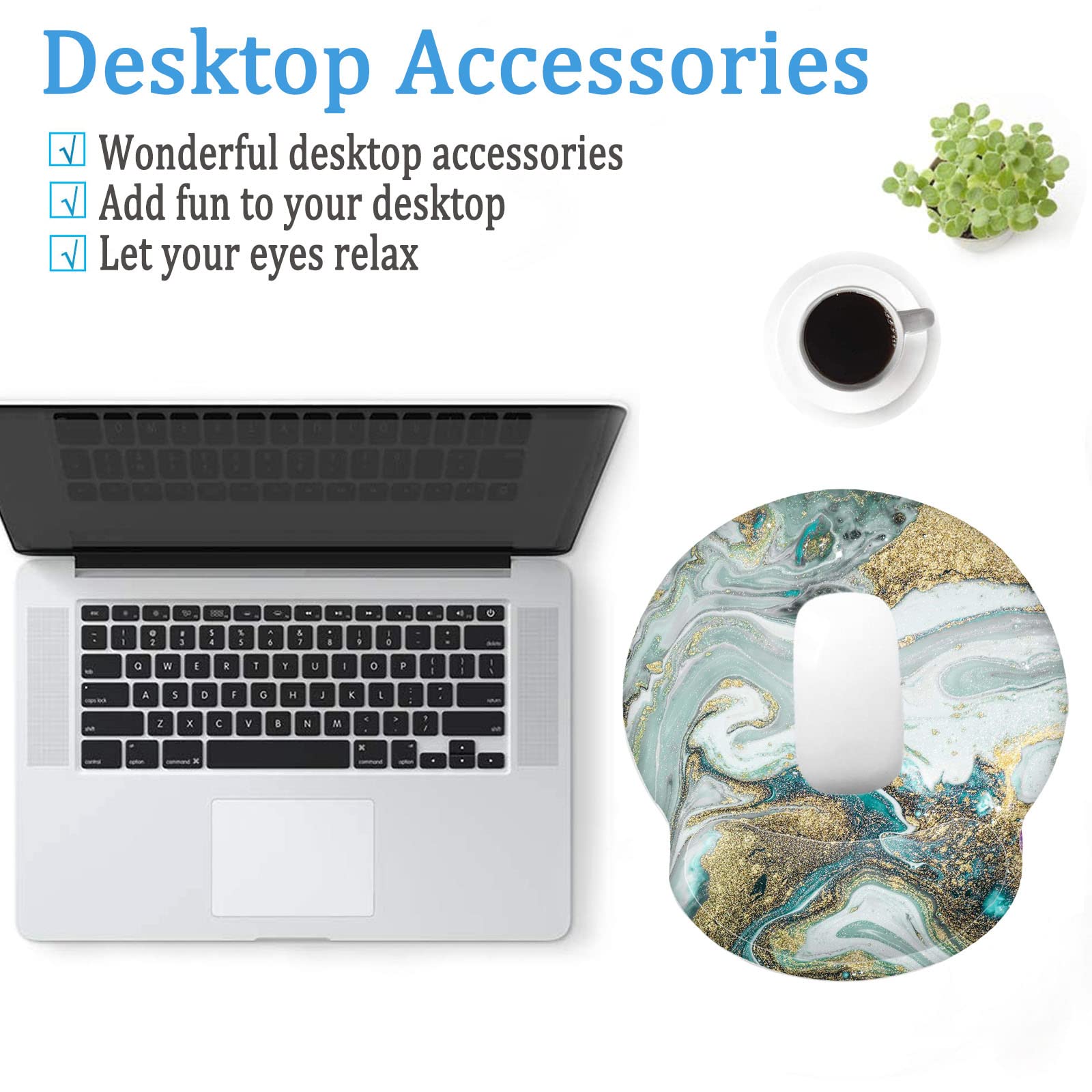 Ergonomic Mouse Pad with Wrist Support Gel - Comfortable Computer Mouse Mat for Laptop & PC - Non-Slip Rubber Base Pain Relief Mousepad (Cyan Gold Powder Marble) - Perfect for Office Work, Gaming & Long Computer Use