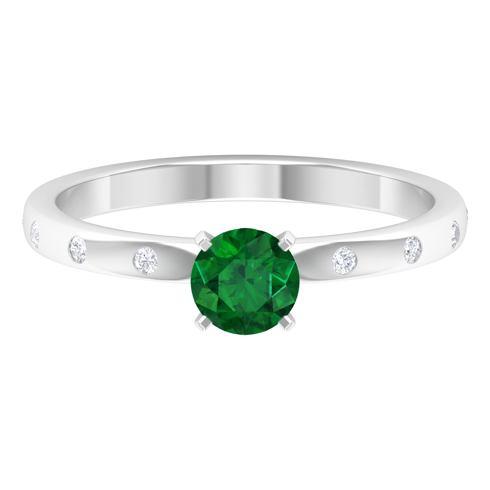1/2 CT Genuine Emerald Solitaire Ring for Women - 14K Solid Gold with Diamond Accents - 5 MM Round Cut Real Emerald Promise Ring - Perfect for Engagement, Anniversary & Special Occasions