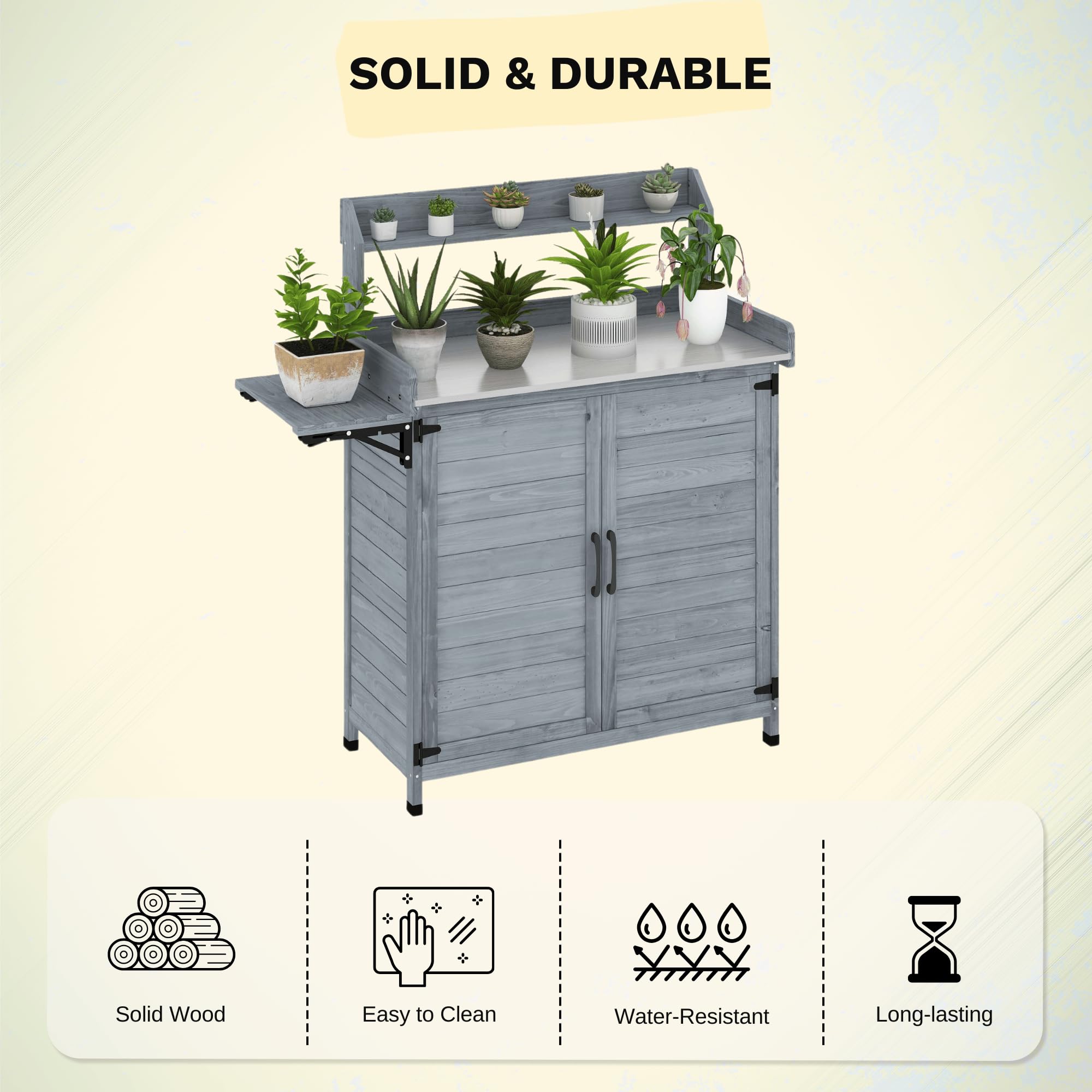 DWVO Solid Wood Outdoor Storage Box with Foldable Side Pallet & Galvanized Metal Tabletop - Multi-Functional Potting Bench & Garden Cabinet for Patio, Balcony, Porch - Perfect for Gardening, Storing Tools & Outdoor Relaxation (Grey)